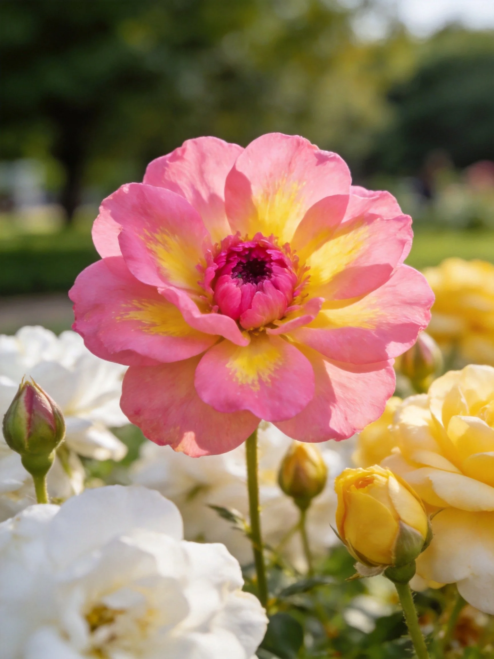 Central pink-yellow rose blooms amid white and yellow rosebuds