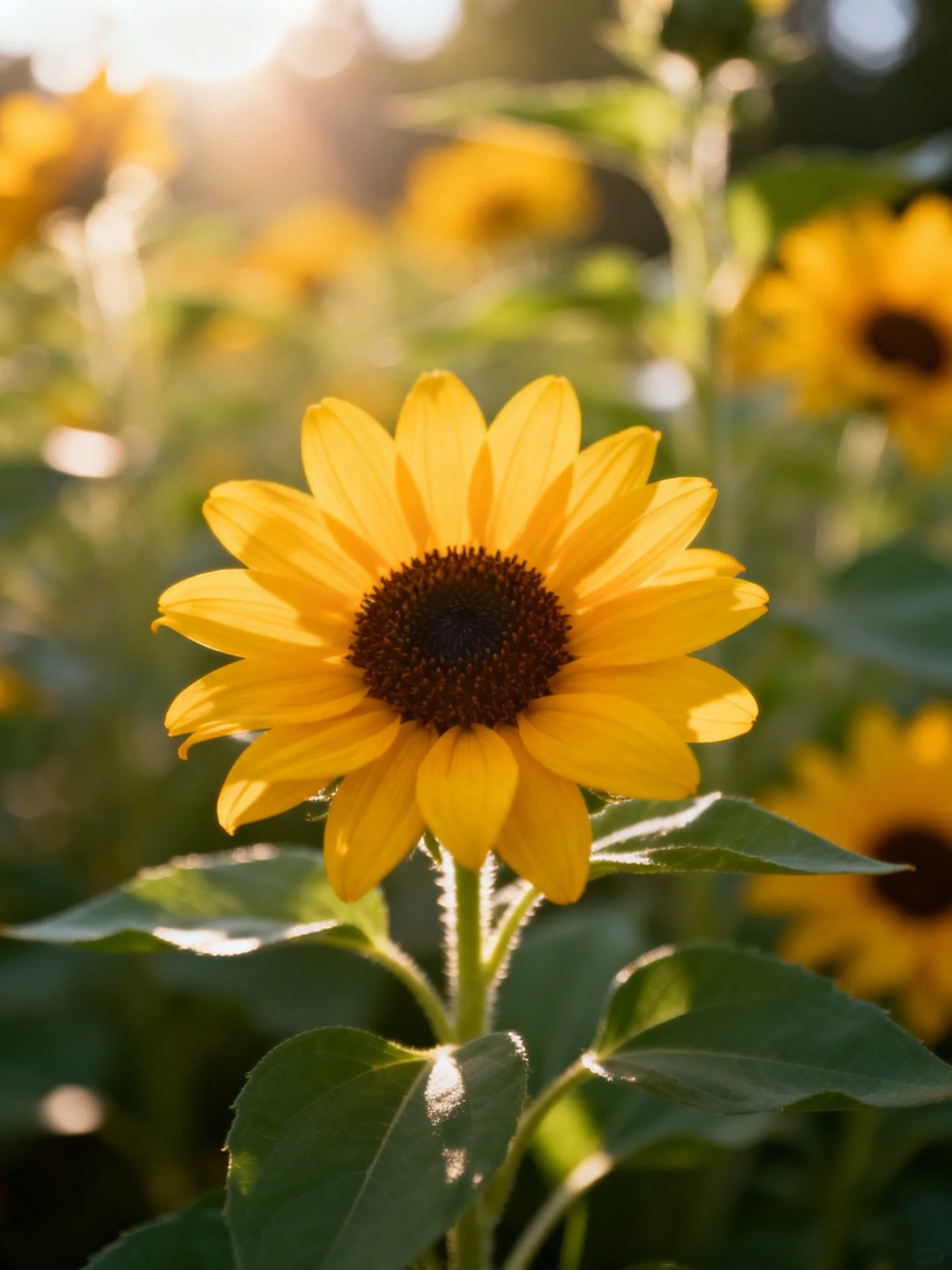 Central sunflower with golden petals and dark center