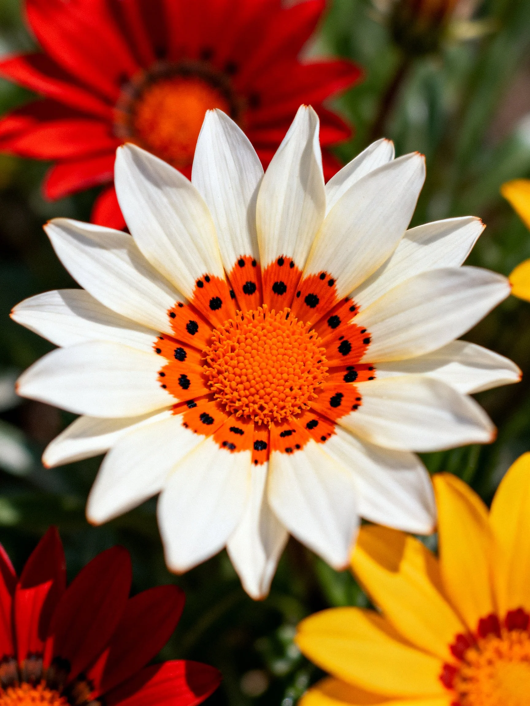 Central white flower with orange spotted center surrounded by red and yellow blooms