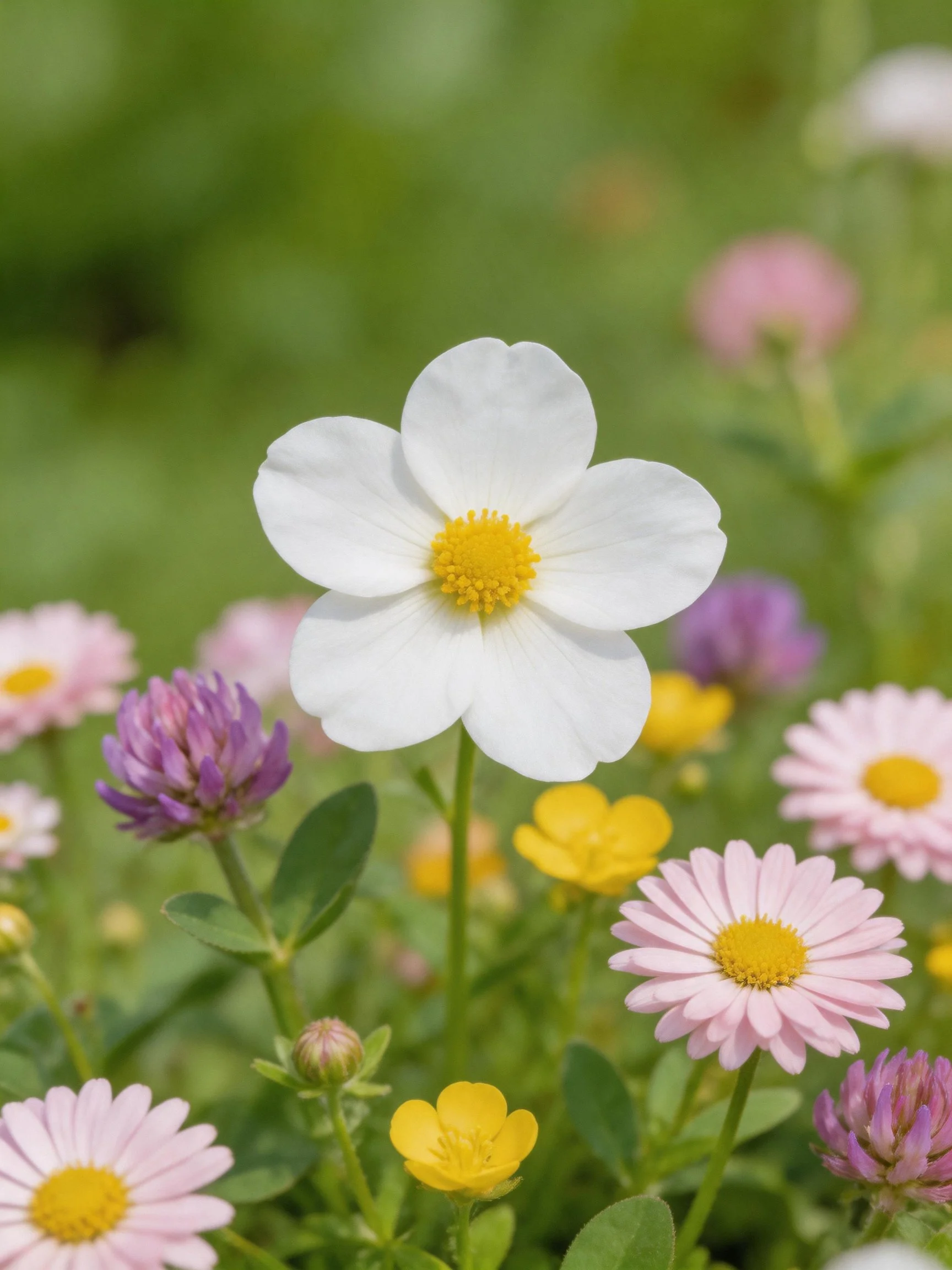 Central white flower with yellow center among pink, purple, and yellow blooms in green garden