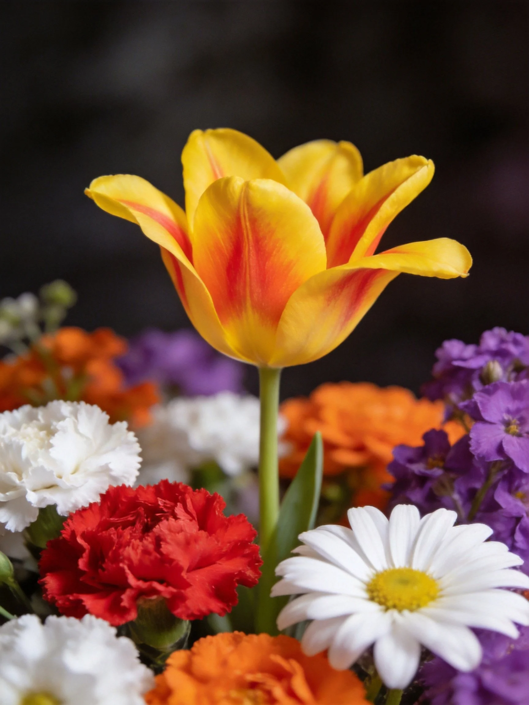 Central yellow - orange tulip in a vibrant mixed - flower bouquet