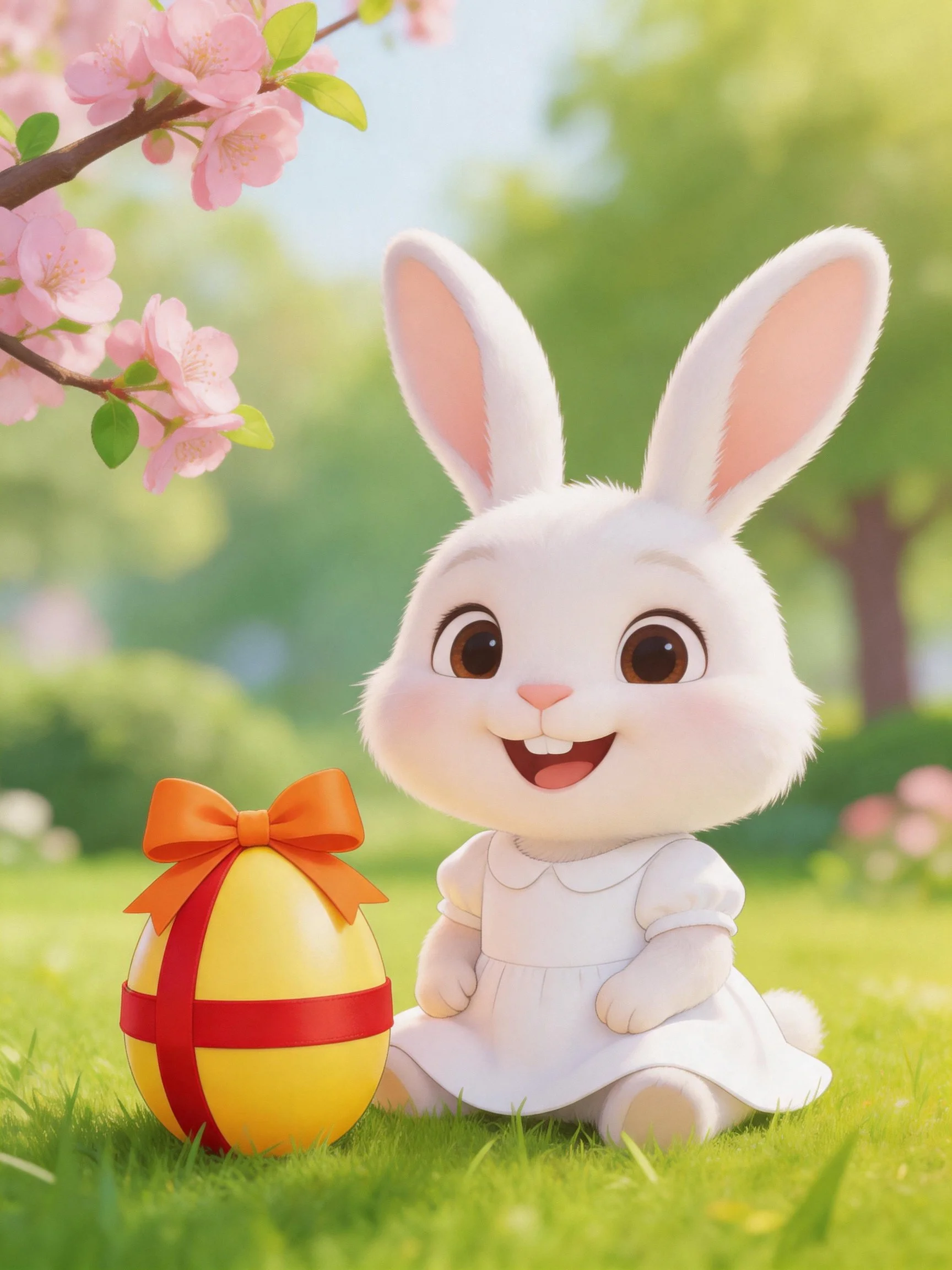 Cheerful white rabbit next to decorated Easter egg in sunny meadow