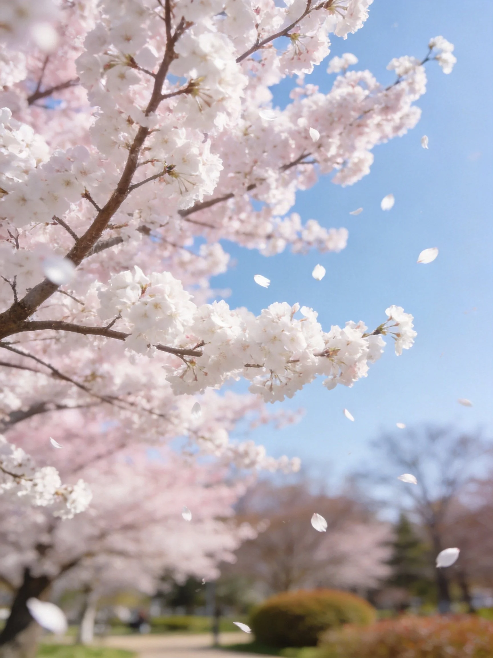 Cherry blossom branches with falling petals against clear blue sky