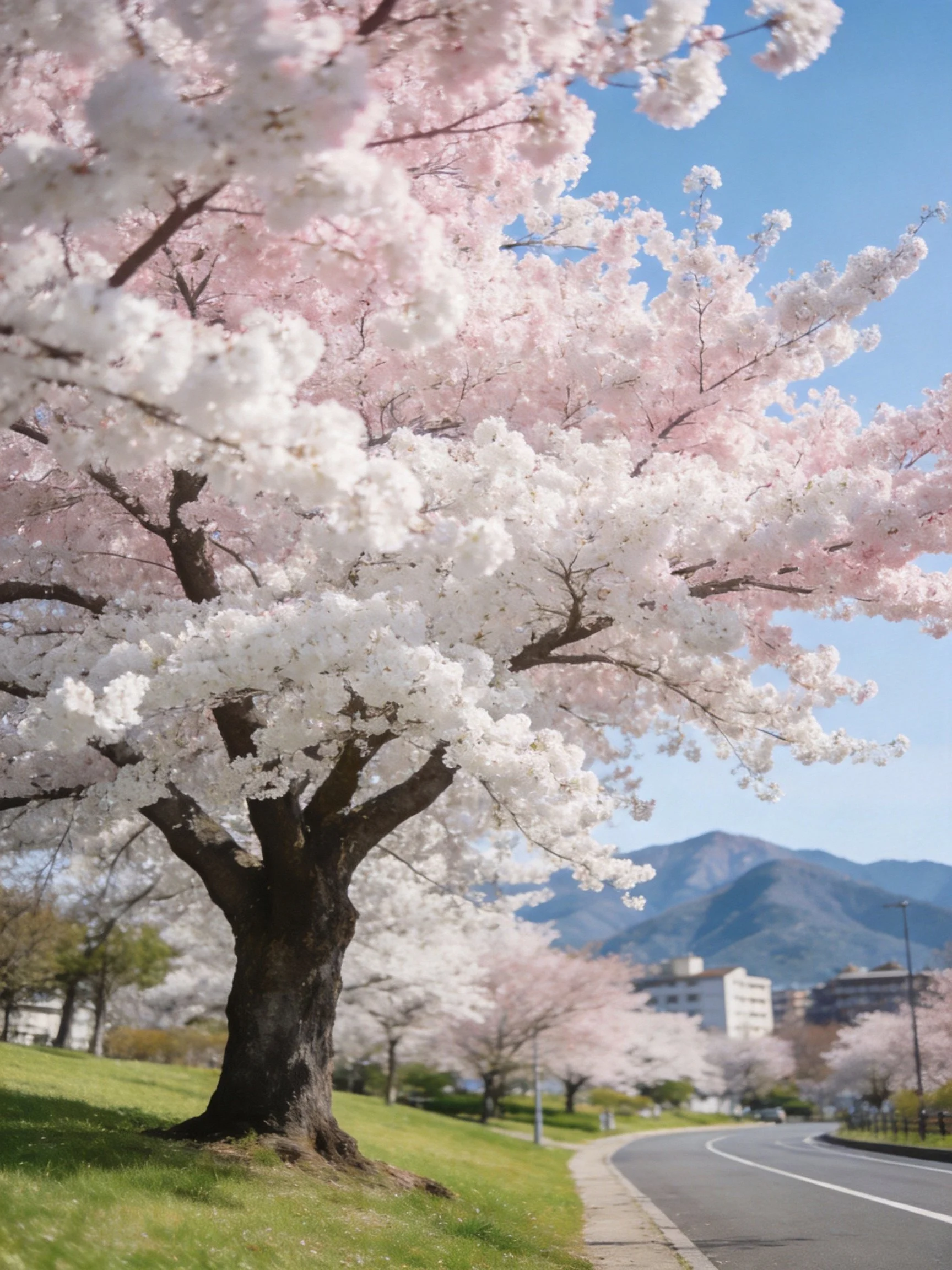 Cherry blossom trees blooming in pink and white hues by a winding road