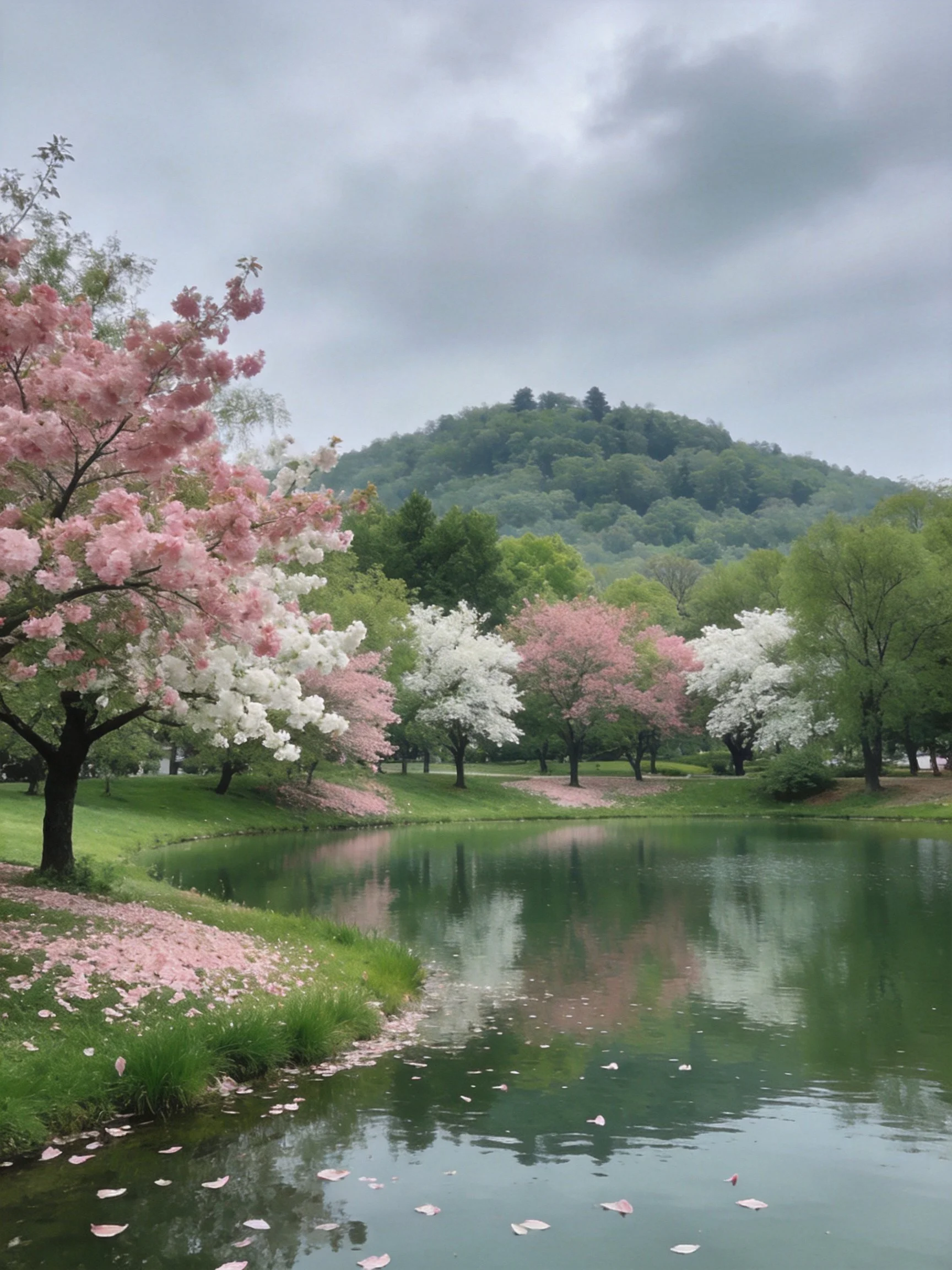 Cherry blossom trees in pink and white near a serene pond with green hills