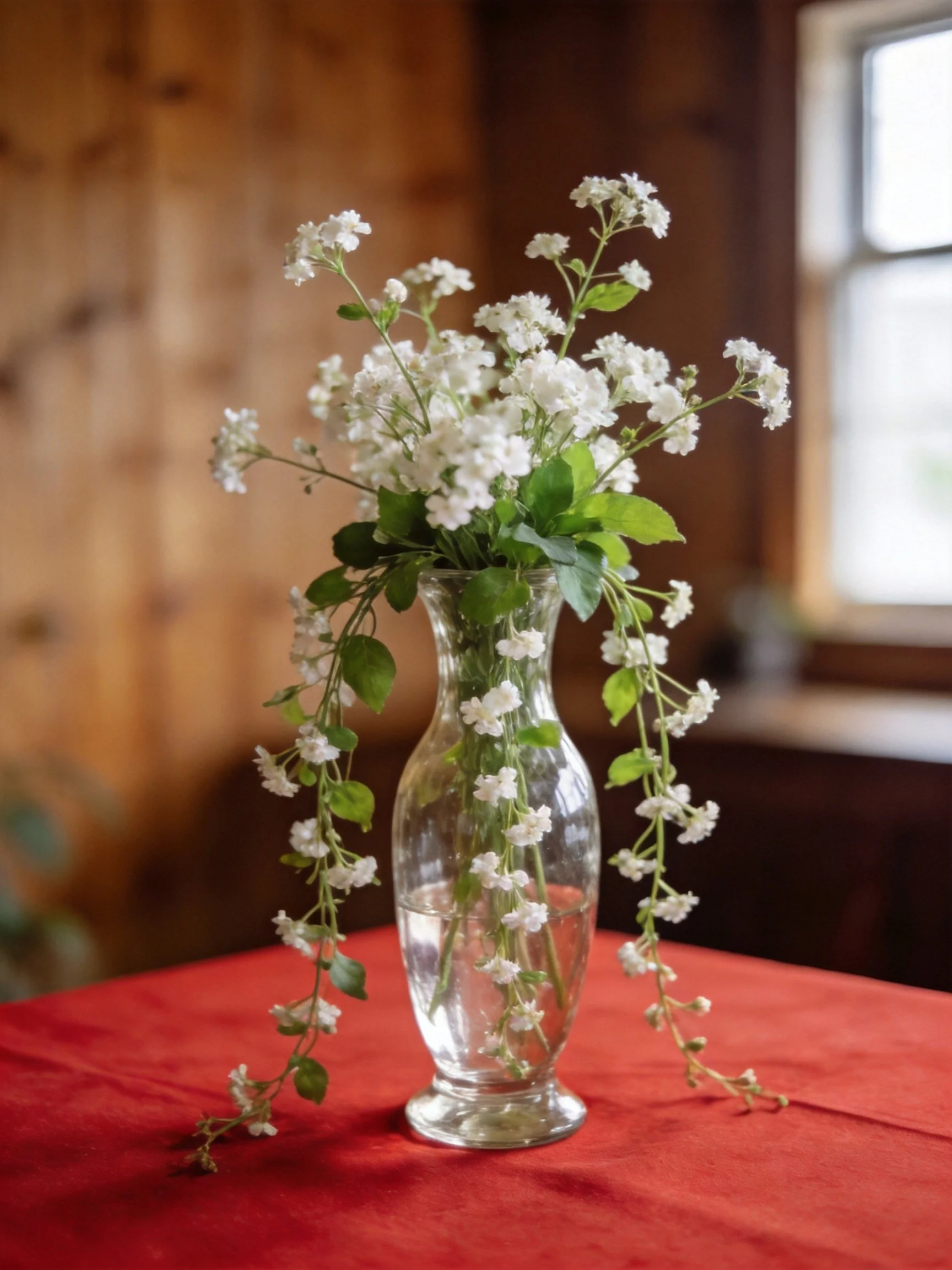 Clear glass vase holds white flowers on red fabric by wooden walls