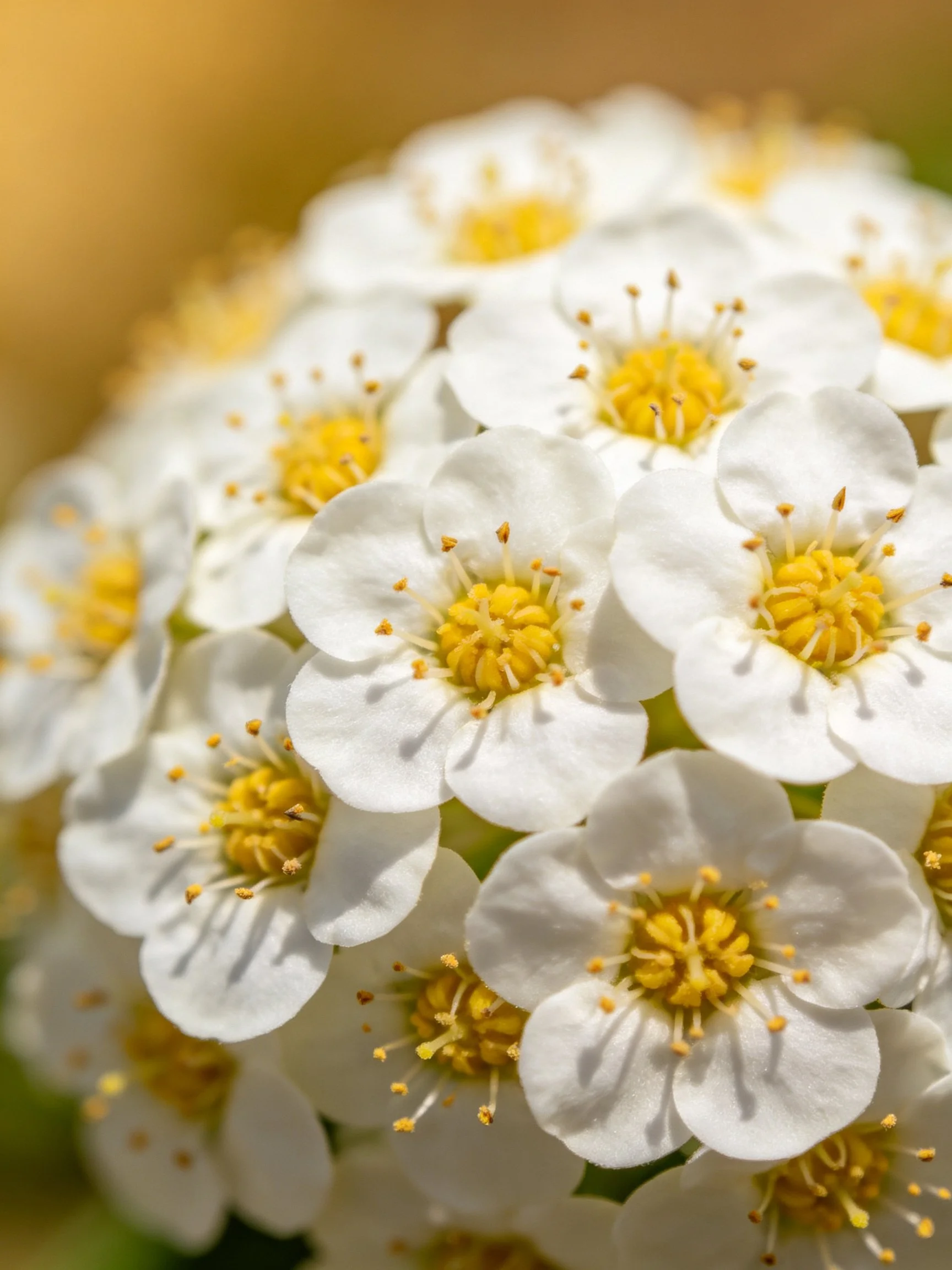 Close-up View of Clustered Small White Flowers with Bright Yellow Centers