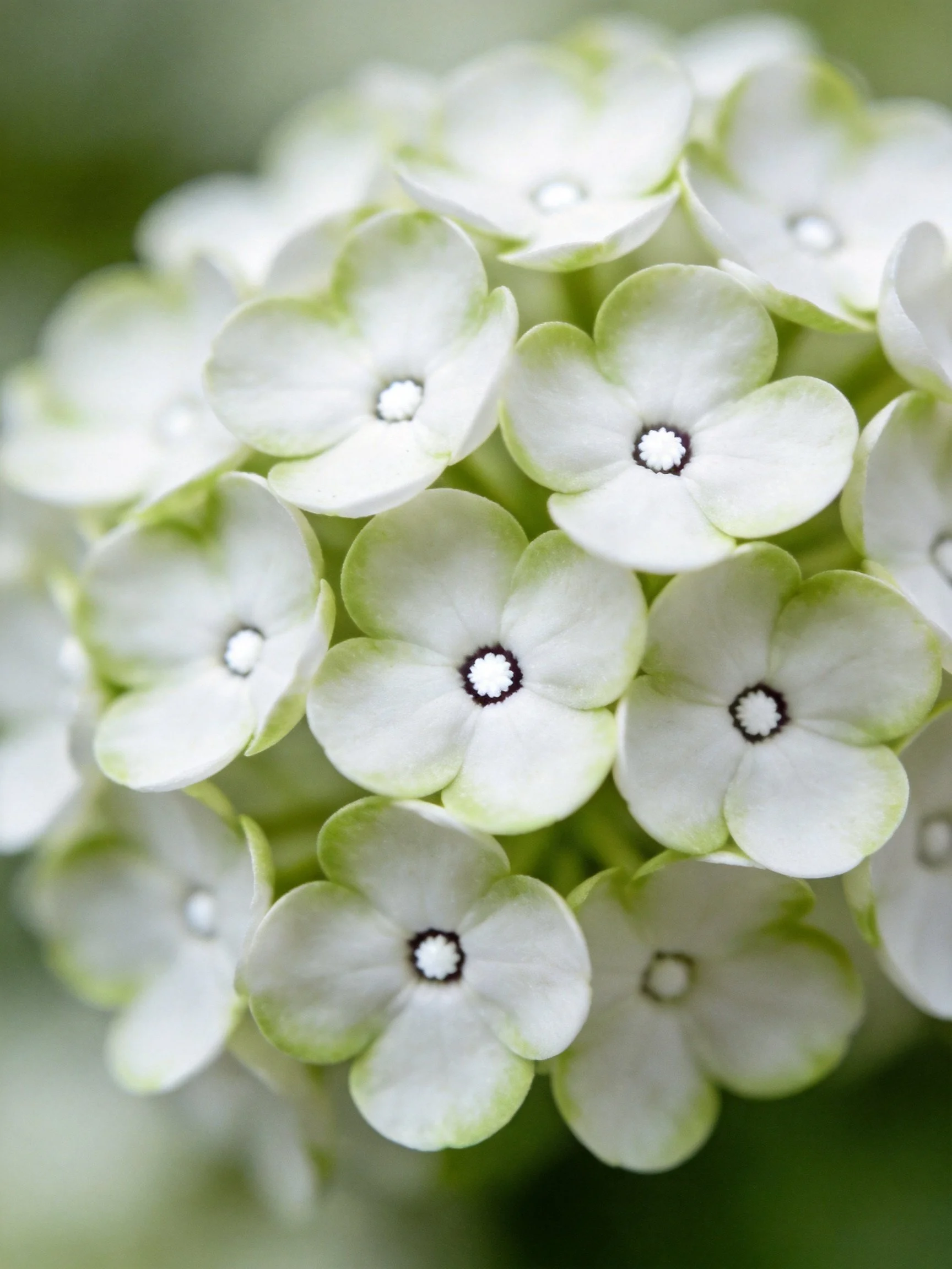 Close-up cluster of pale white flowers with green petal edges