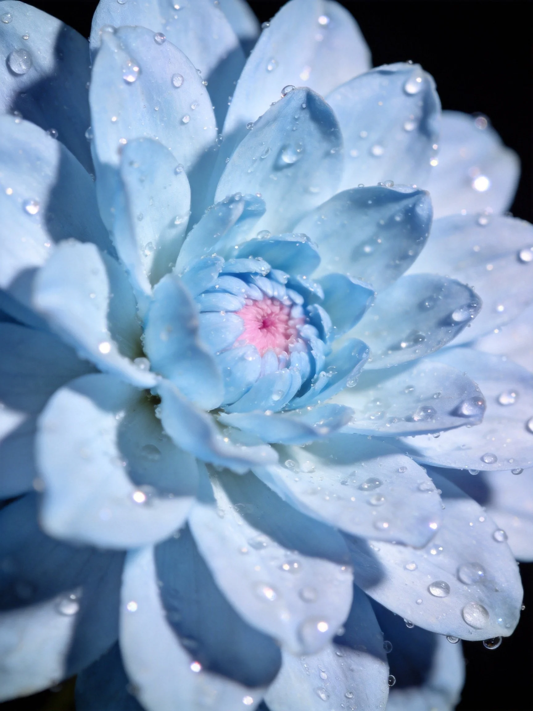 Close - up of a blue flower with water droplets and pink center