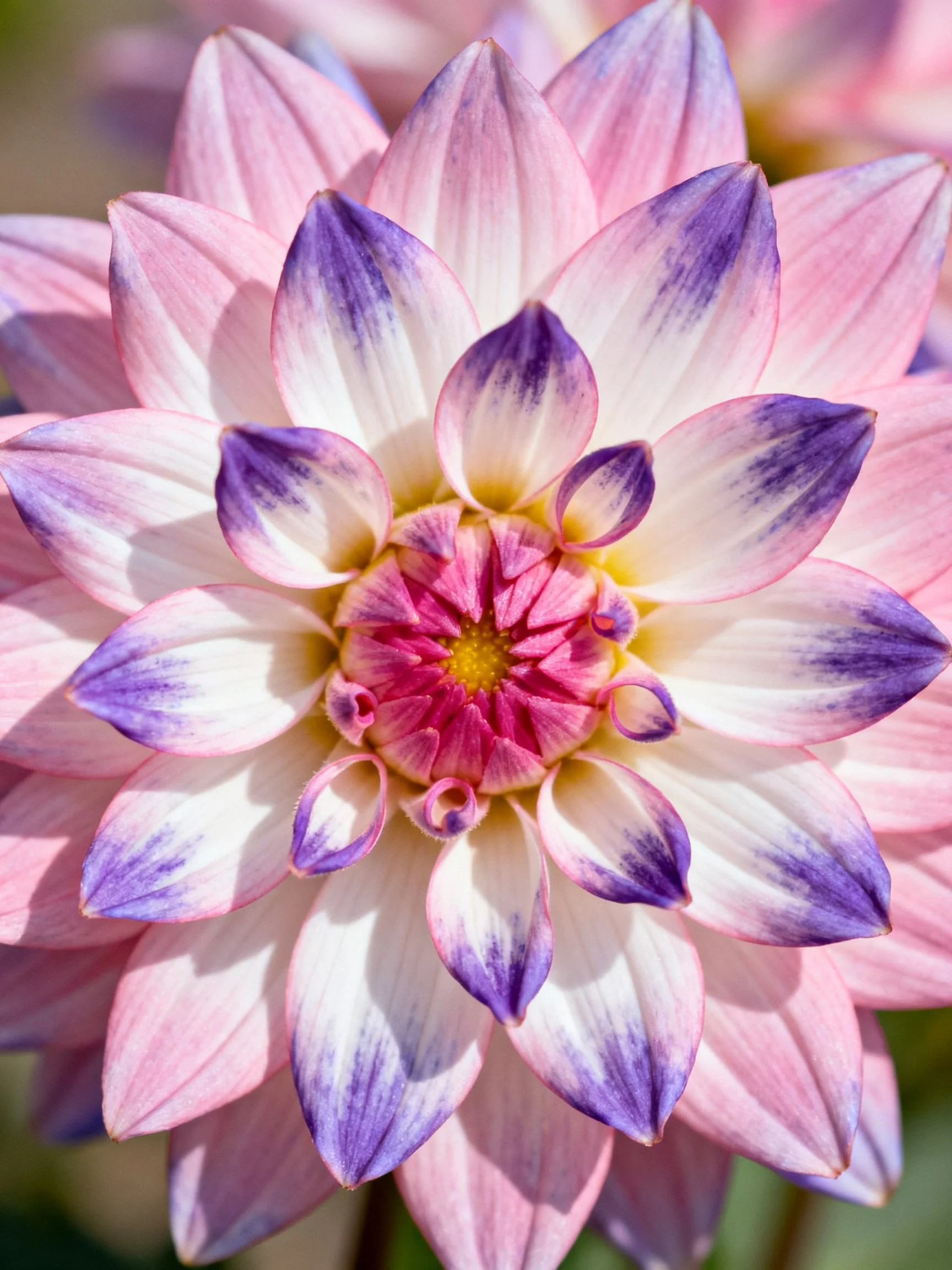Close - up of a dahlia with pink, purple, and white petals
