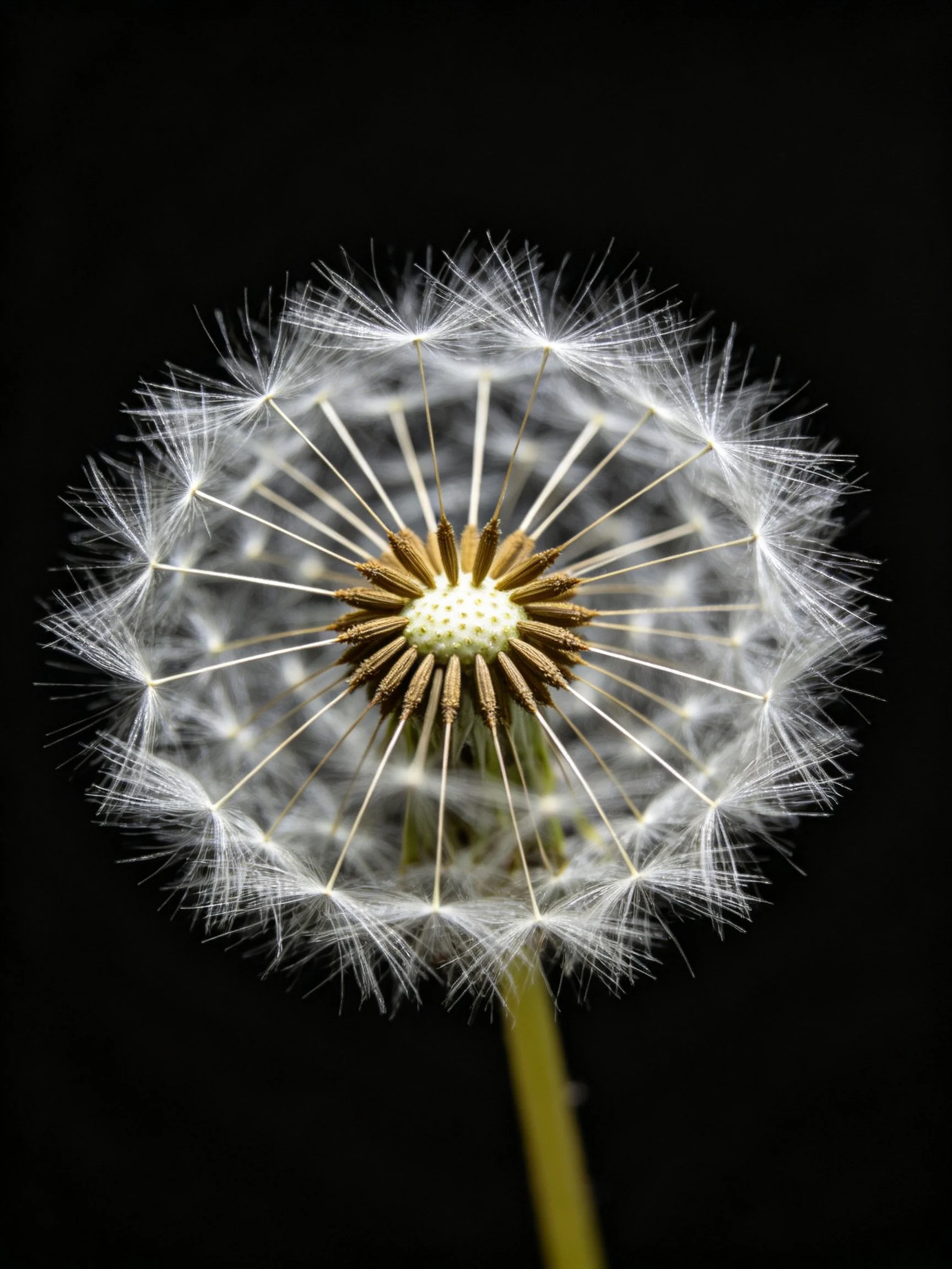 Close-up of a dandelion seed head against a black background