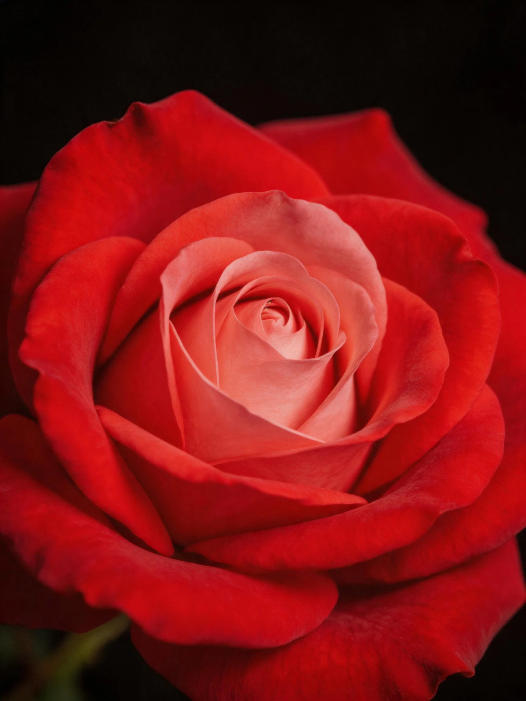 Close - up of a deep red rose with pale pink center