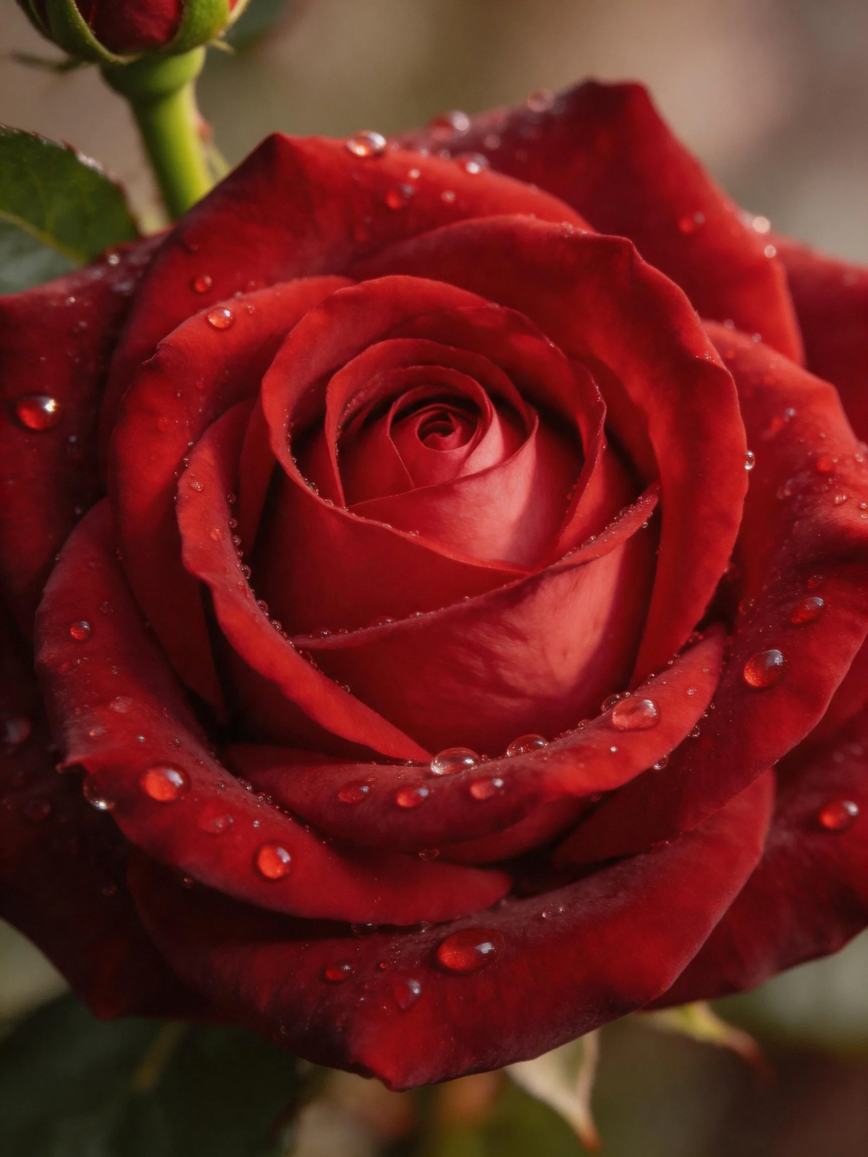 Close - up of a deep red rose with water droplets
