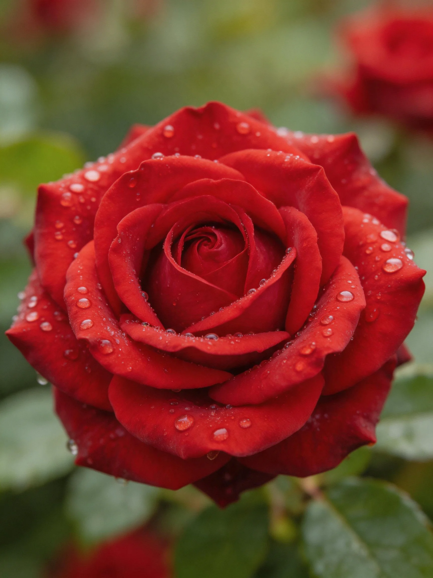 Close-up of a deep red rose with water droplets