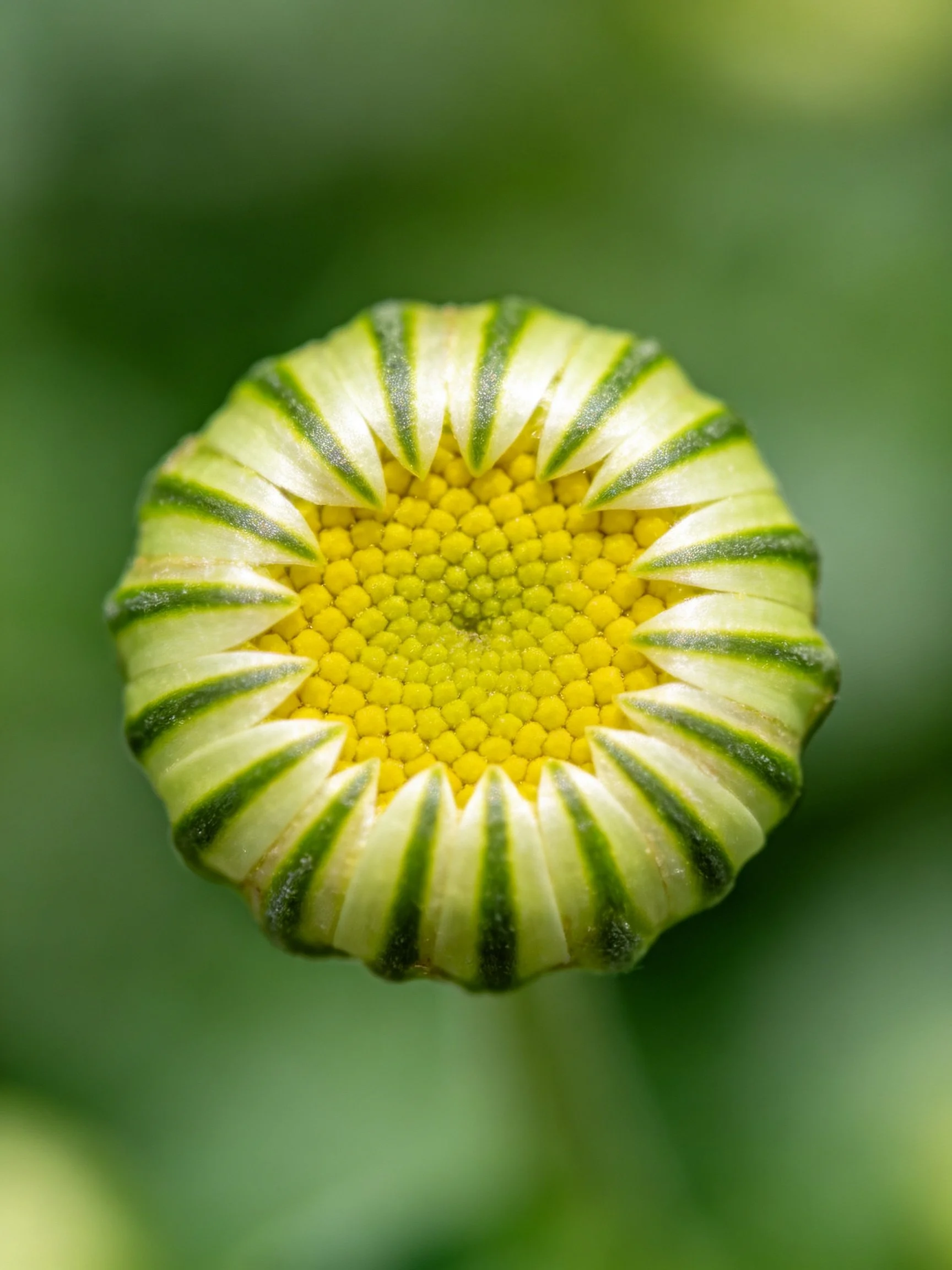 Close - up of a flower bud with striped green and white petals, yellow center