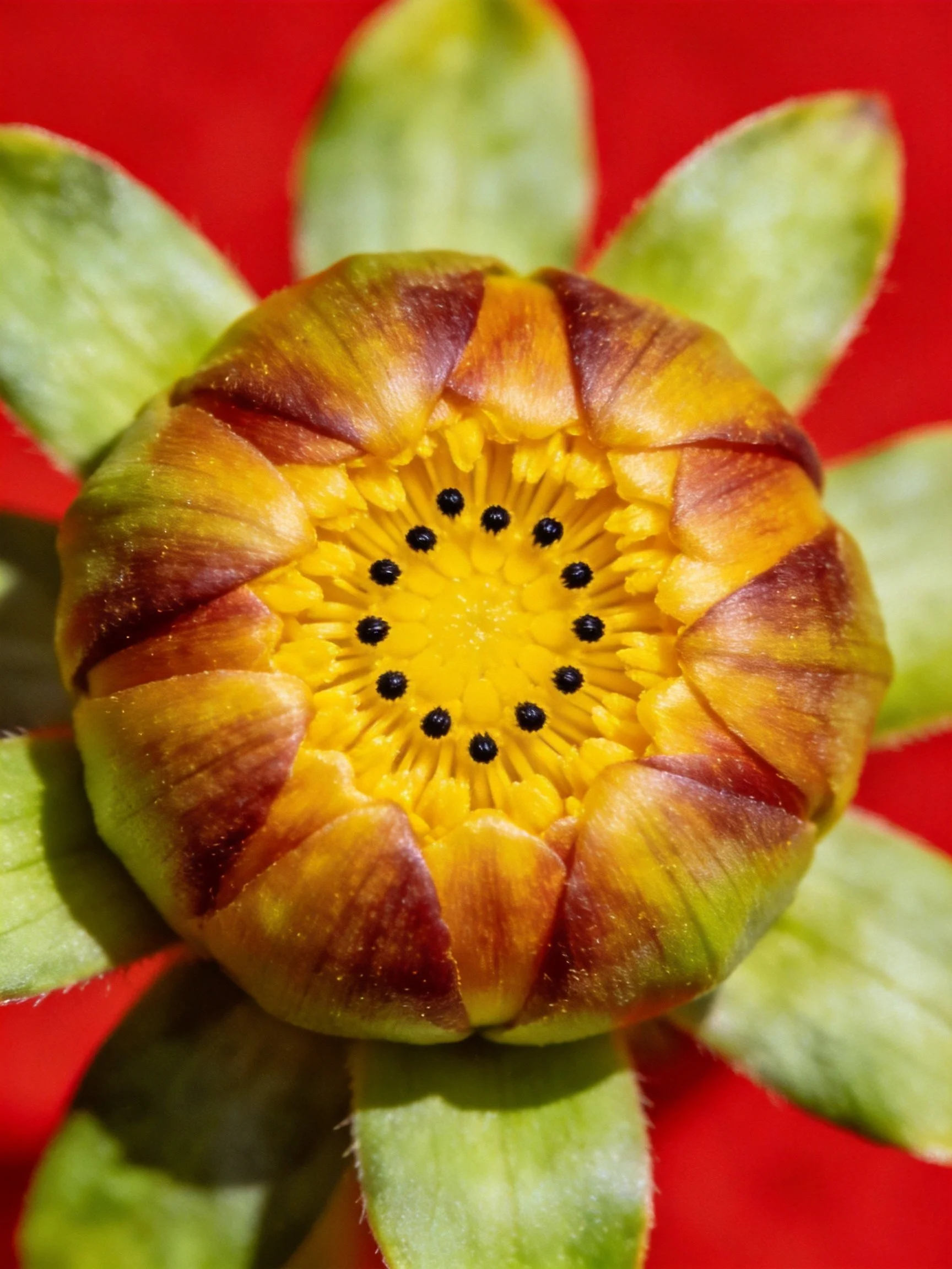 Close-up of a flower bud with yellow-brown petals and bright yellow center
