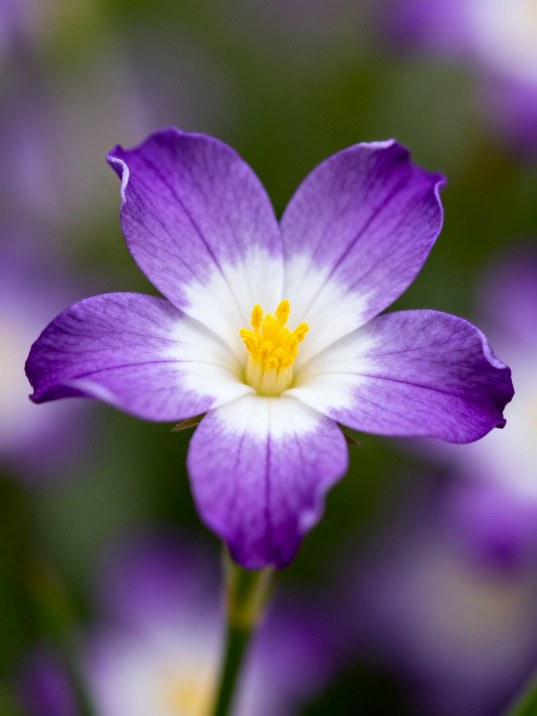 Close - up of a flower with purple petals, white center, and yellow stamens