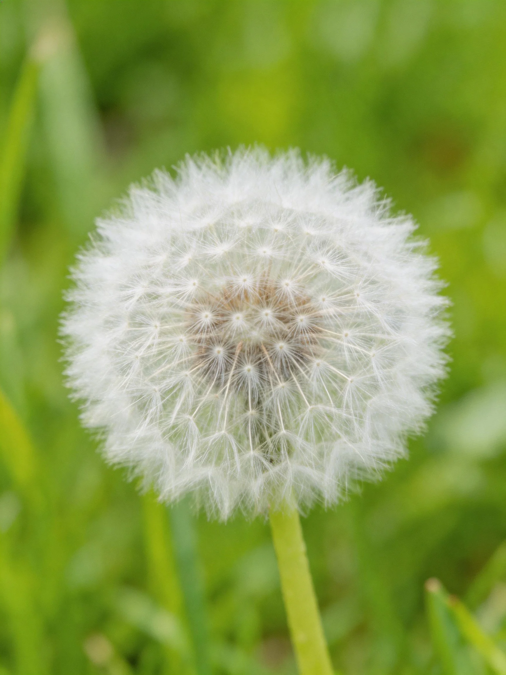 Close-up of a fully formed dandelion seed head with green surroundings