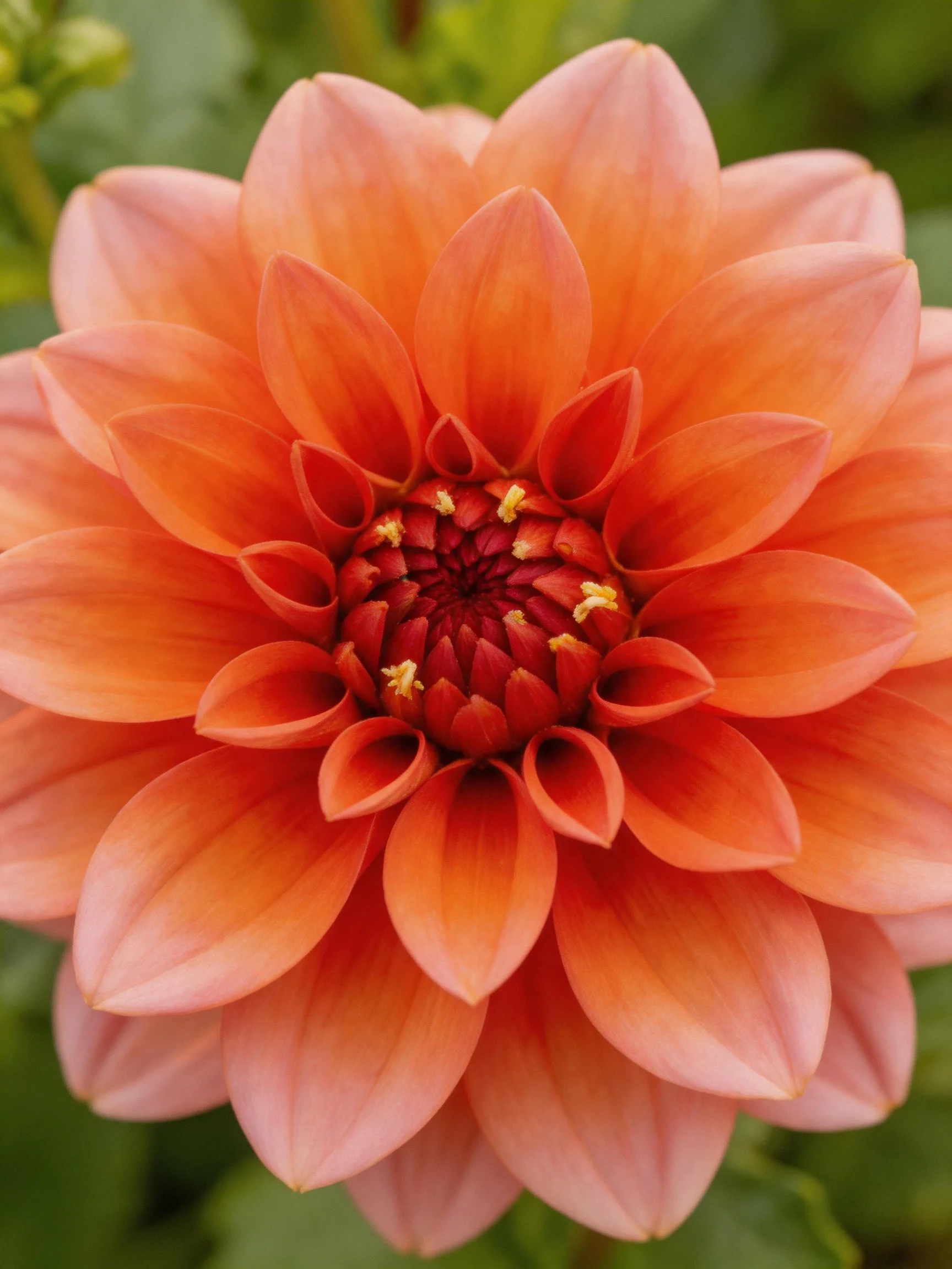 Close-up of a large orange-pink dahlia with layered petals