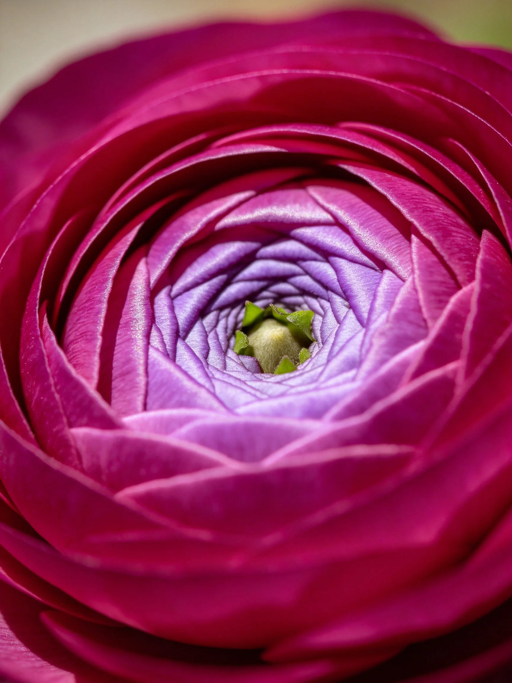Close - up of a layered pink and purple ranunculus flower
