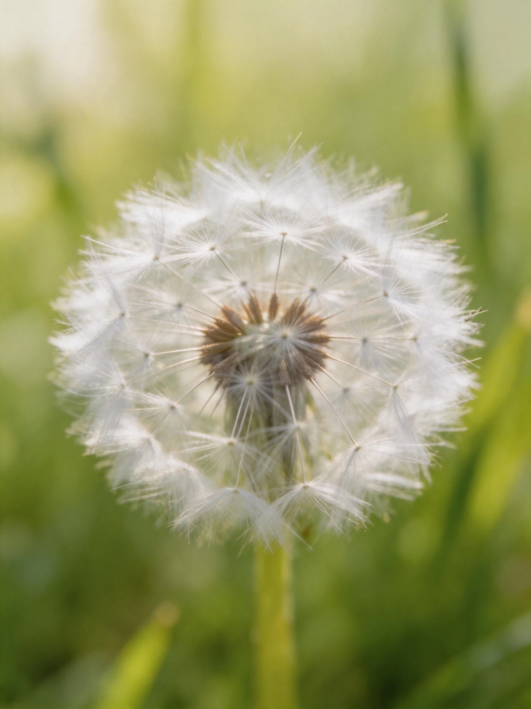Close-up of a mature dandelion seed head with delicate white filaments