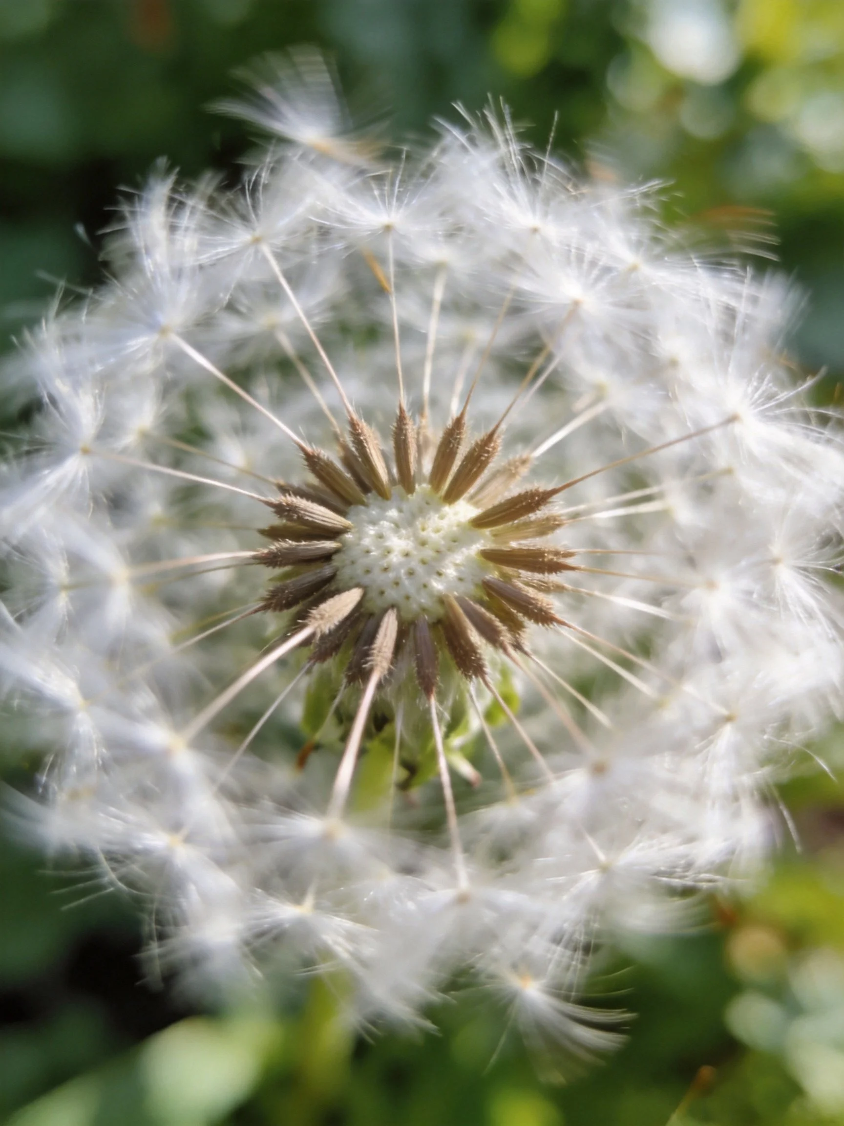 Close - up of a mature dandelion seed head with delicate white filaments