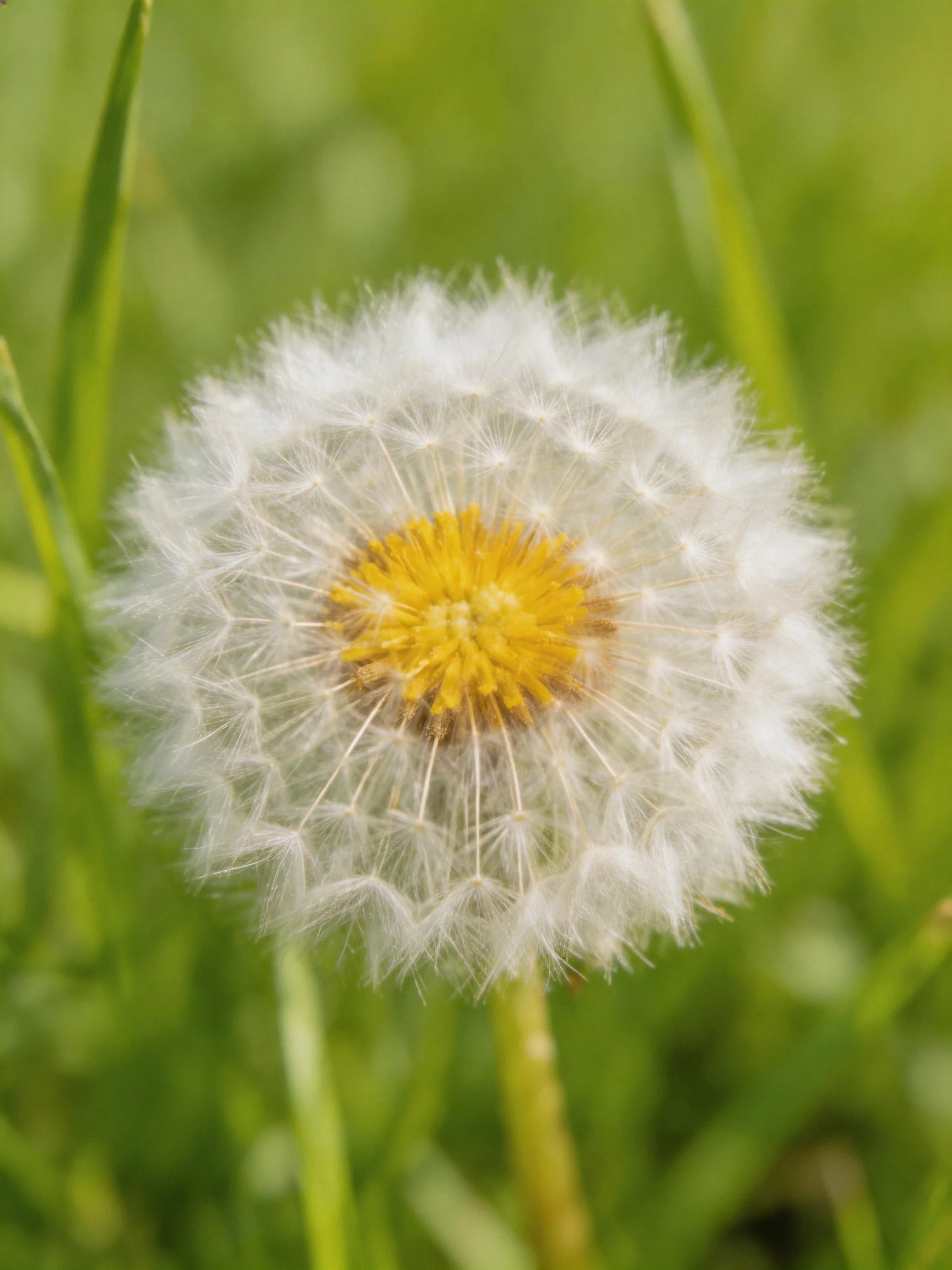 Close-up of a mature dandelion seed head with golden center