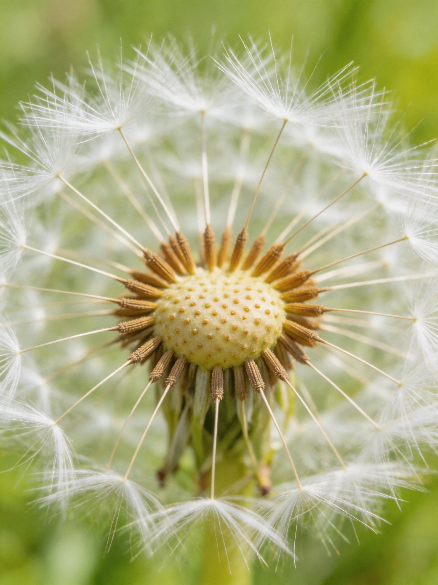 Close - up of a mature dandelion seed head with white filaments