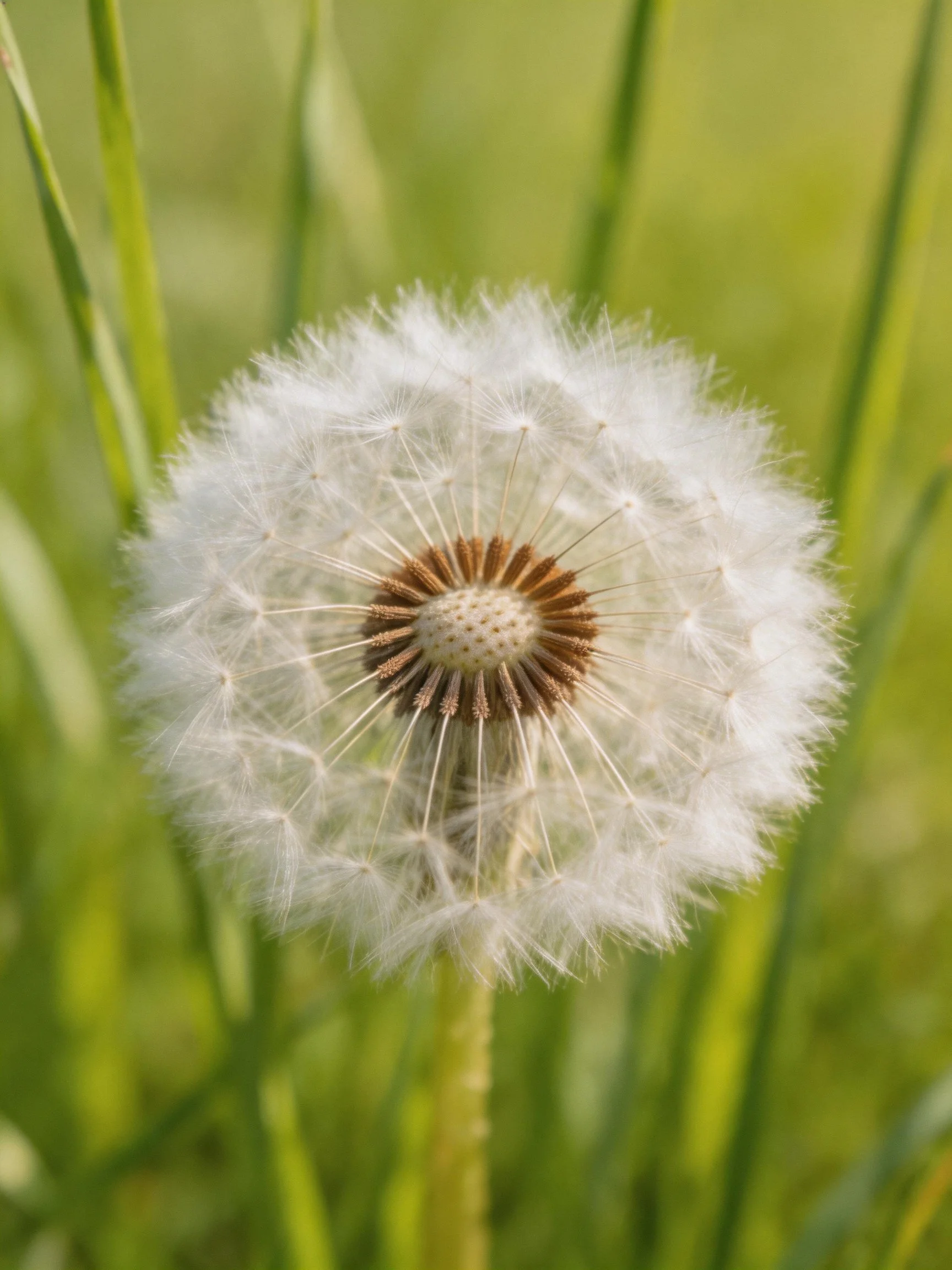 Close-up of a mature dandelion seed head with white filaments