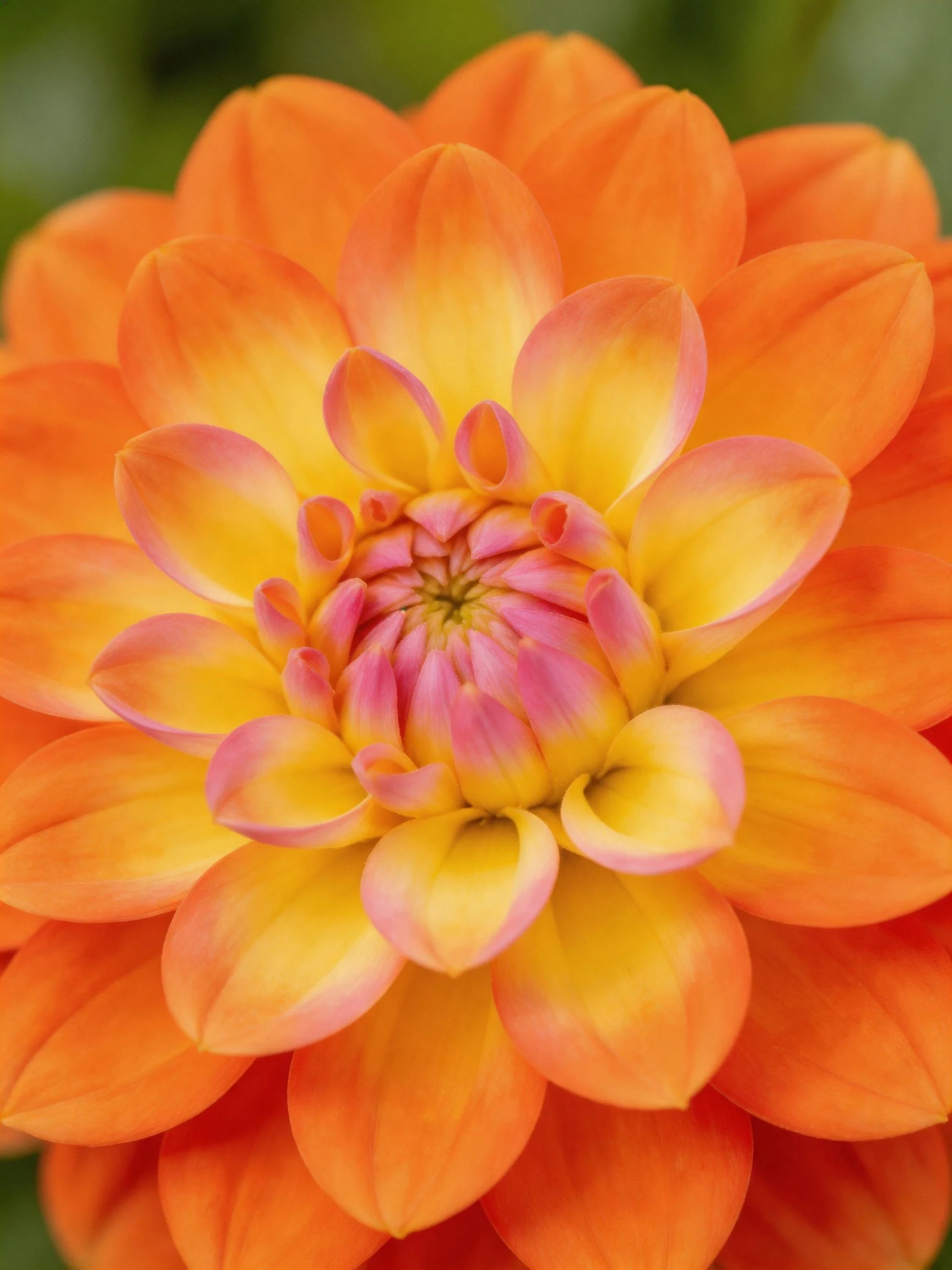Close - up of a multi - hued dahlia with orange, yellow, and pink petals