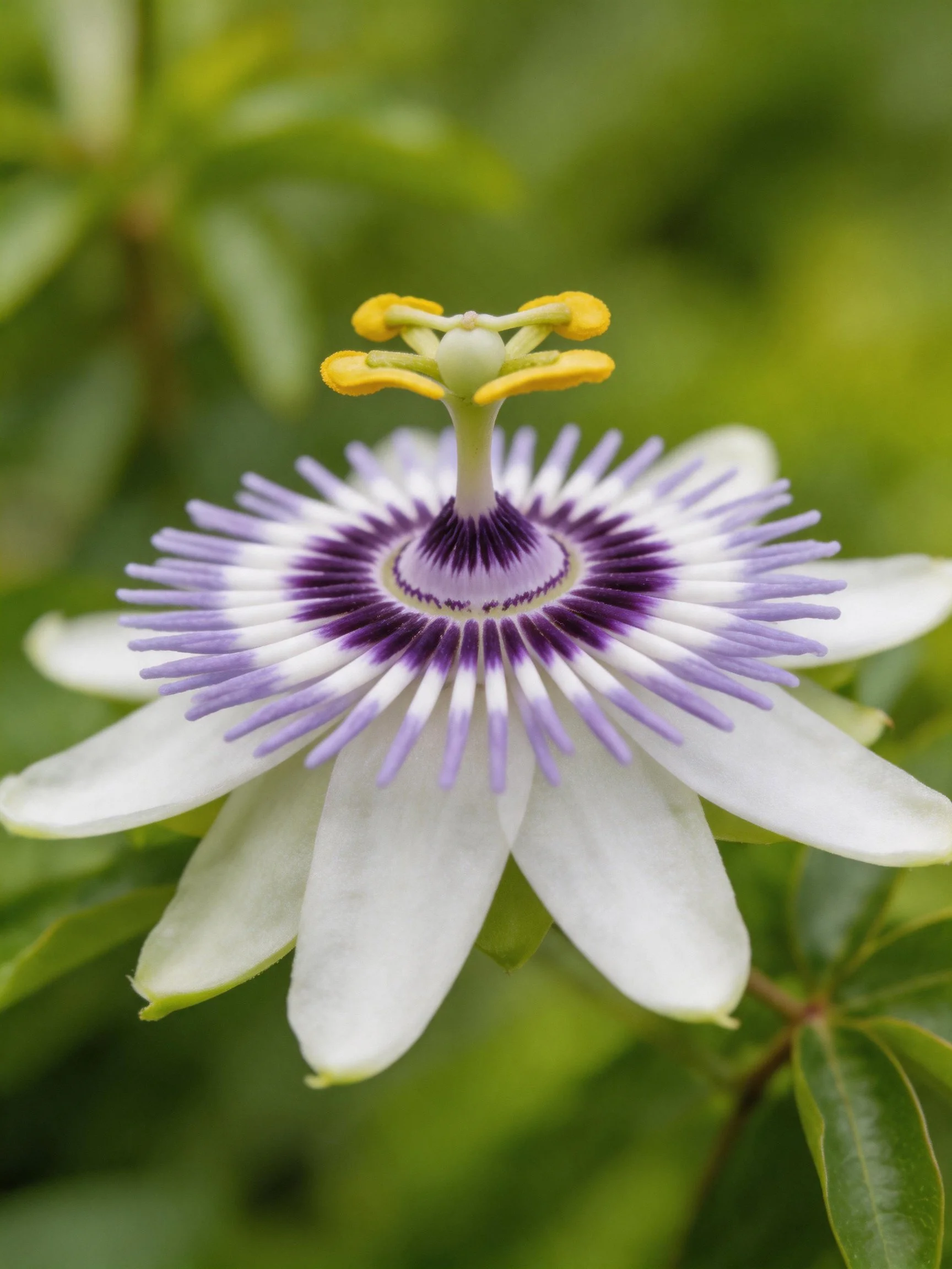 A close-up view of a passionflower highlighting its unique petal and central design.