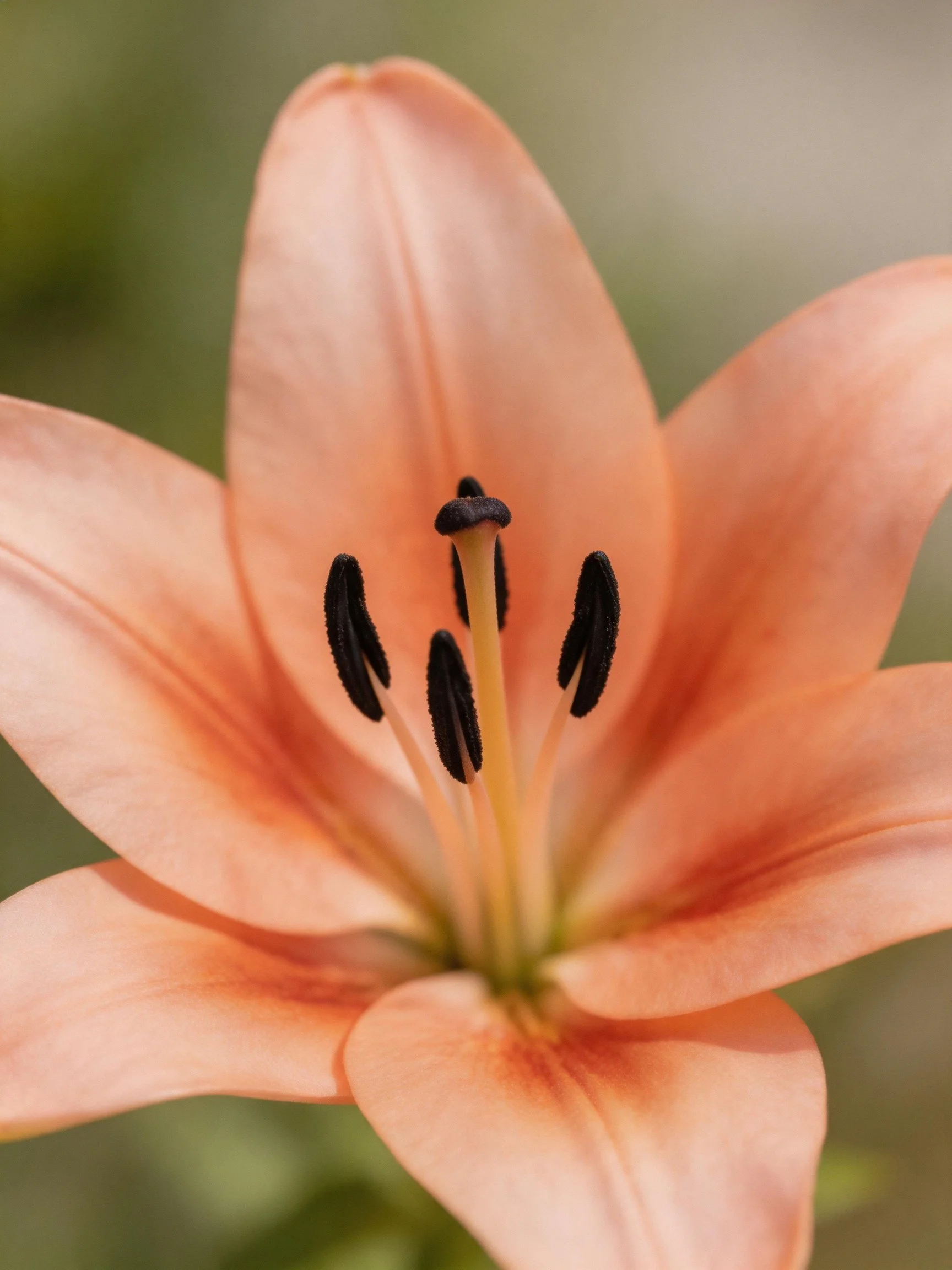 Close - up of a peach - hued lily with dark stamens