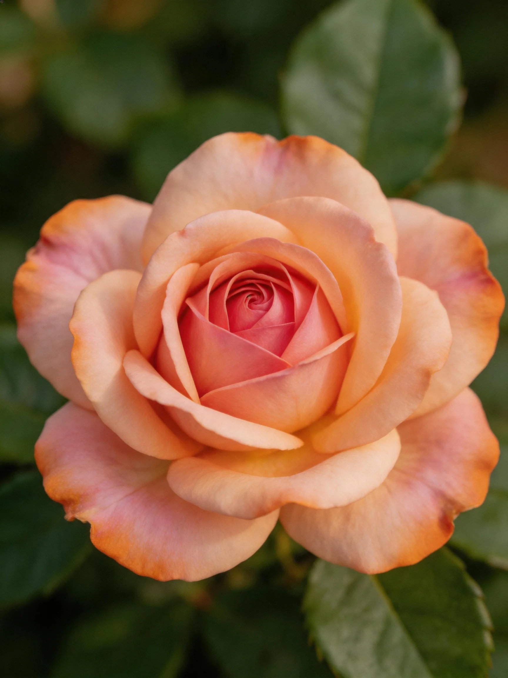 Close-up of a peach-hued rose with green foliage