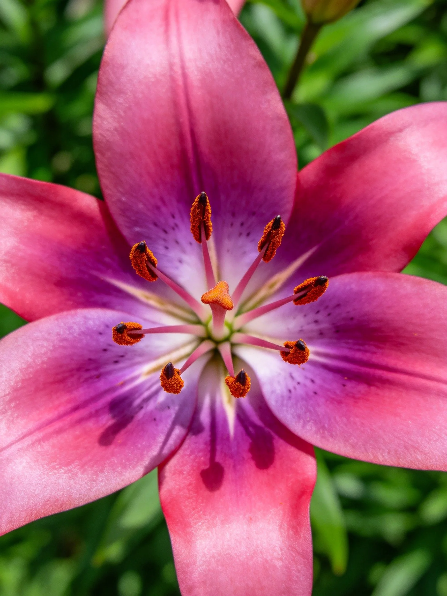 Close-up of a pink and purple lily with orange stamens