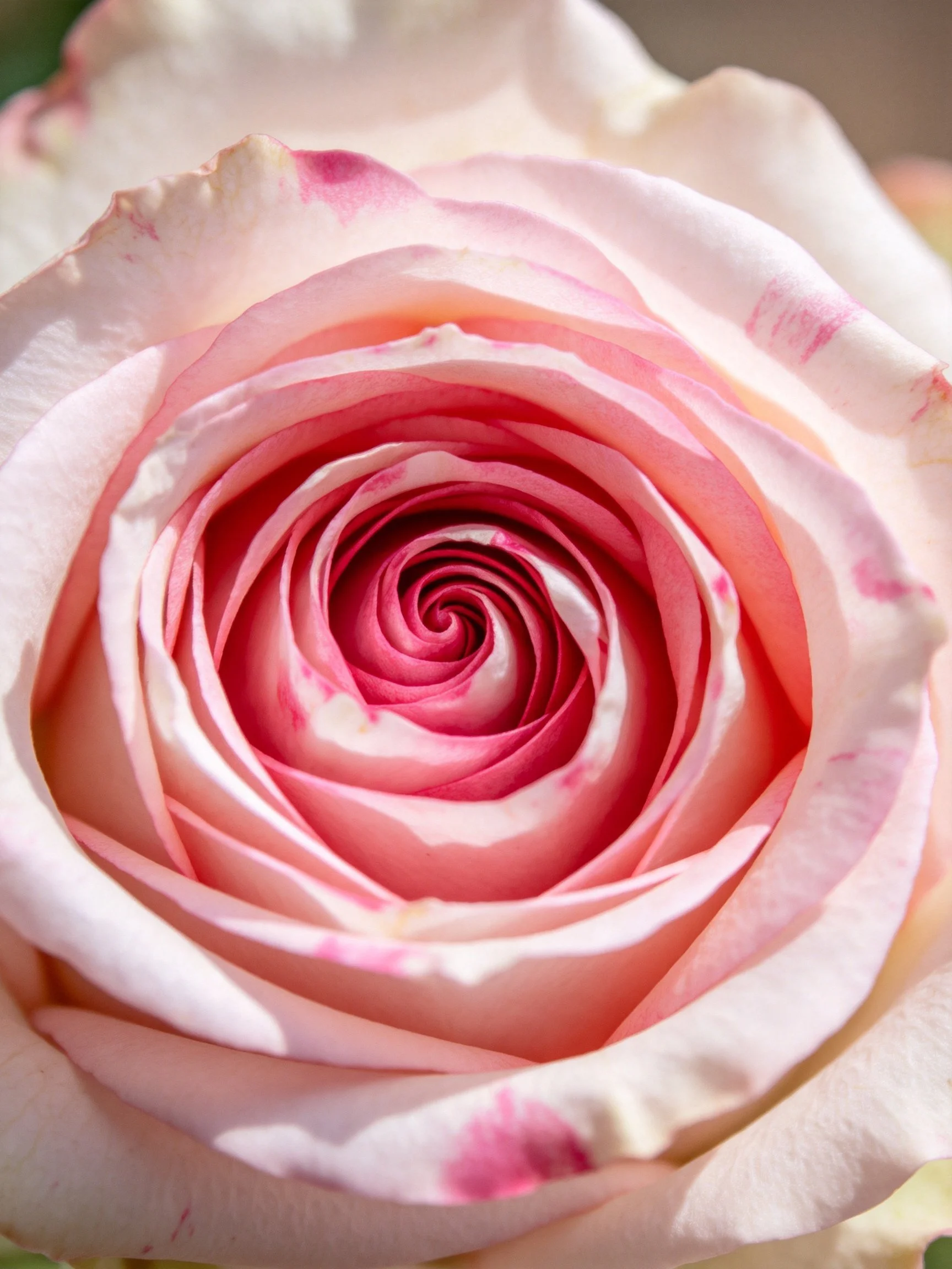 Close - up of a pink and white spiraled rose bloom