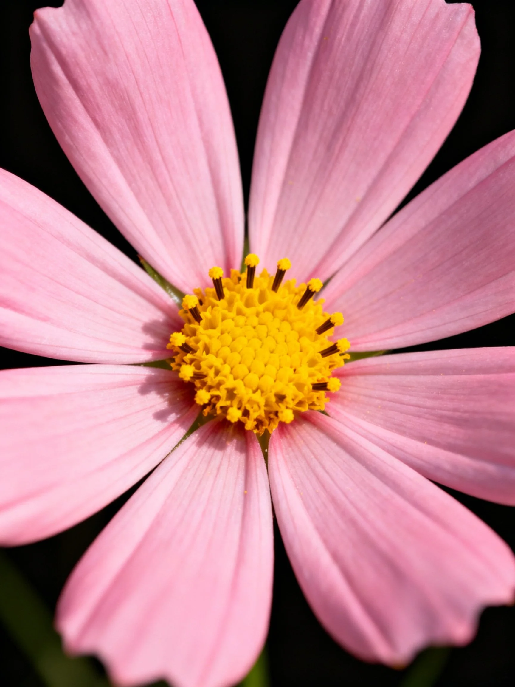 Close - up of a pink cosmos flower with a bright yellow center