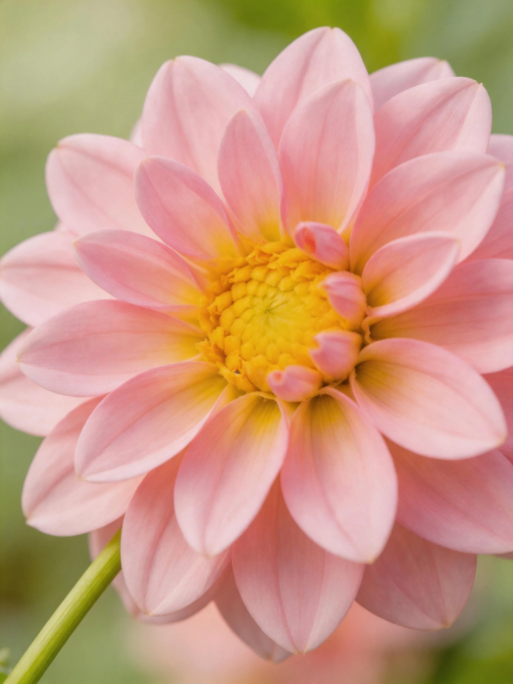 Close-up of a pink dahlia with a bright yellow center