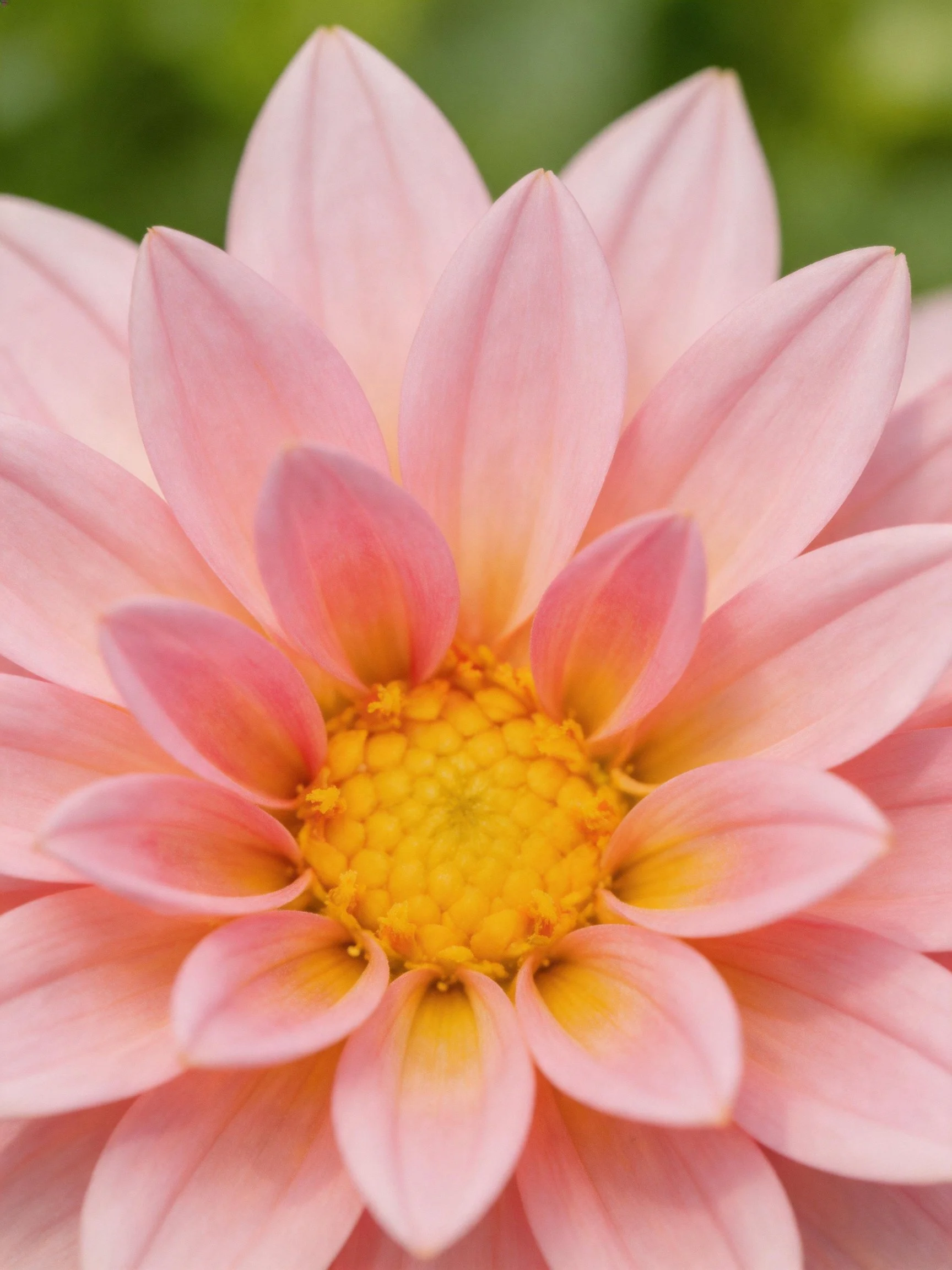 Close - up of a pink dahlia with layered petals and a yellow center