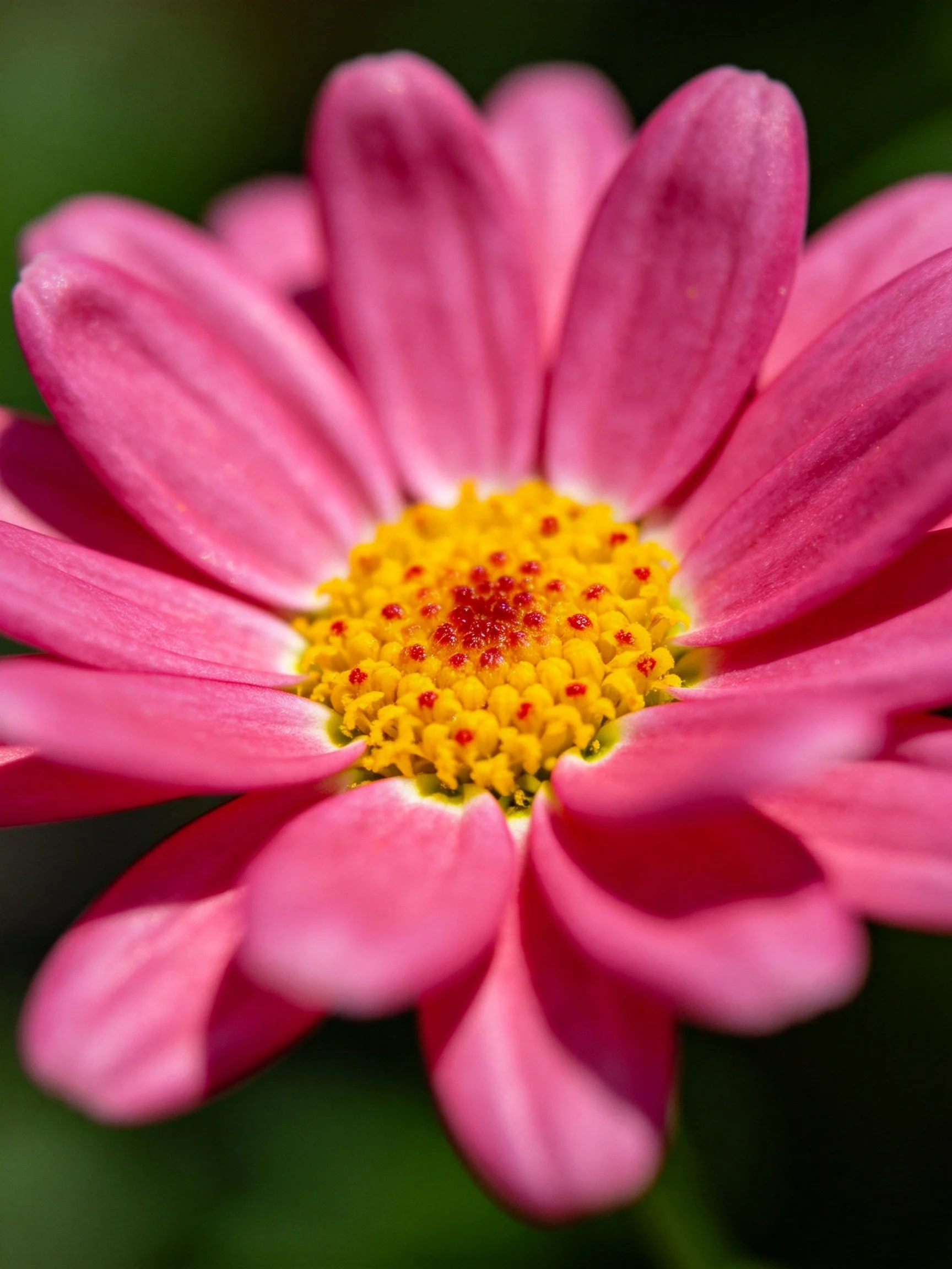 Close - up of a pink daisy with a bright yellow center