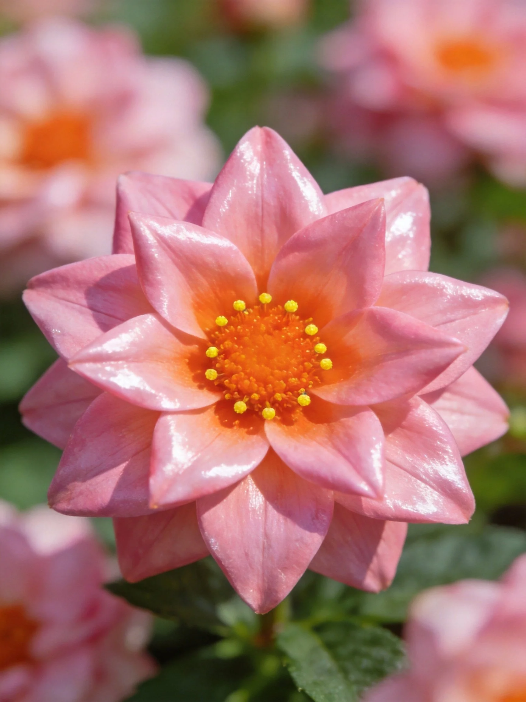 Close - up of a pink flower with layered petals and orange center