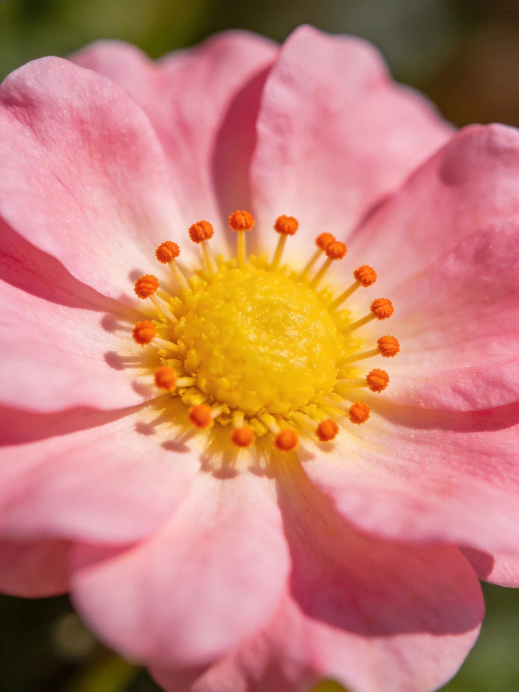 Close - up of a pink flower with yellow center and orange stamens