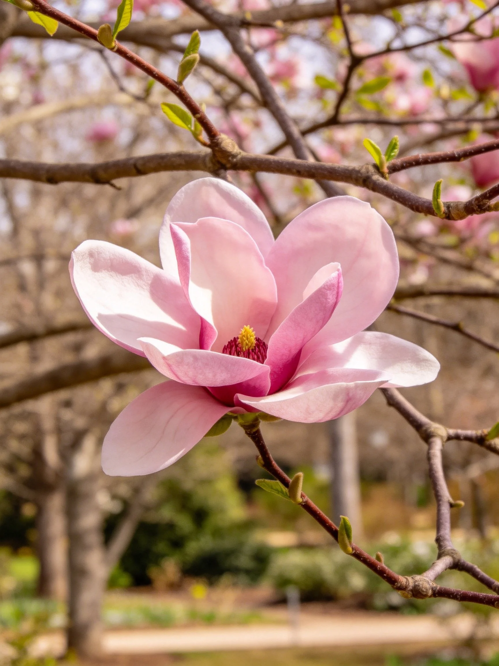 Close-up of a pink magnolia flower on a tree branch