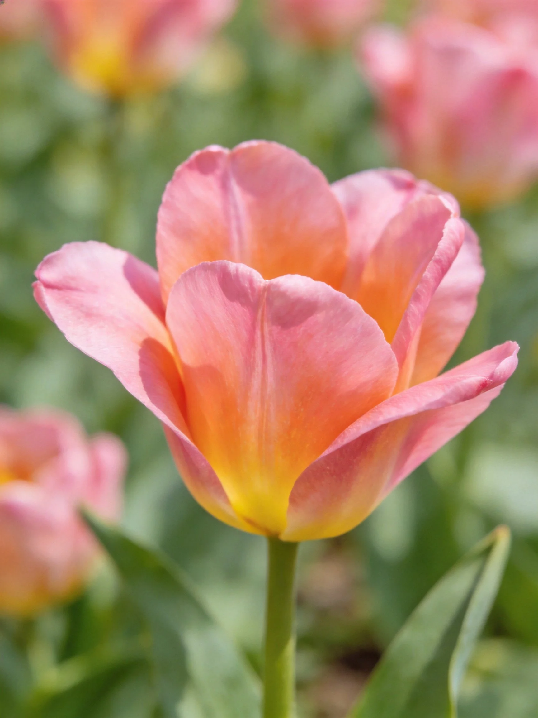 Close-up of a pink-orange tulip with yellow base amid green foliage