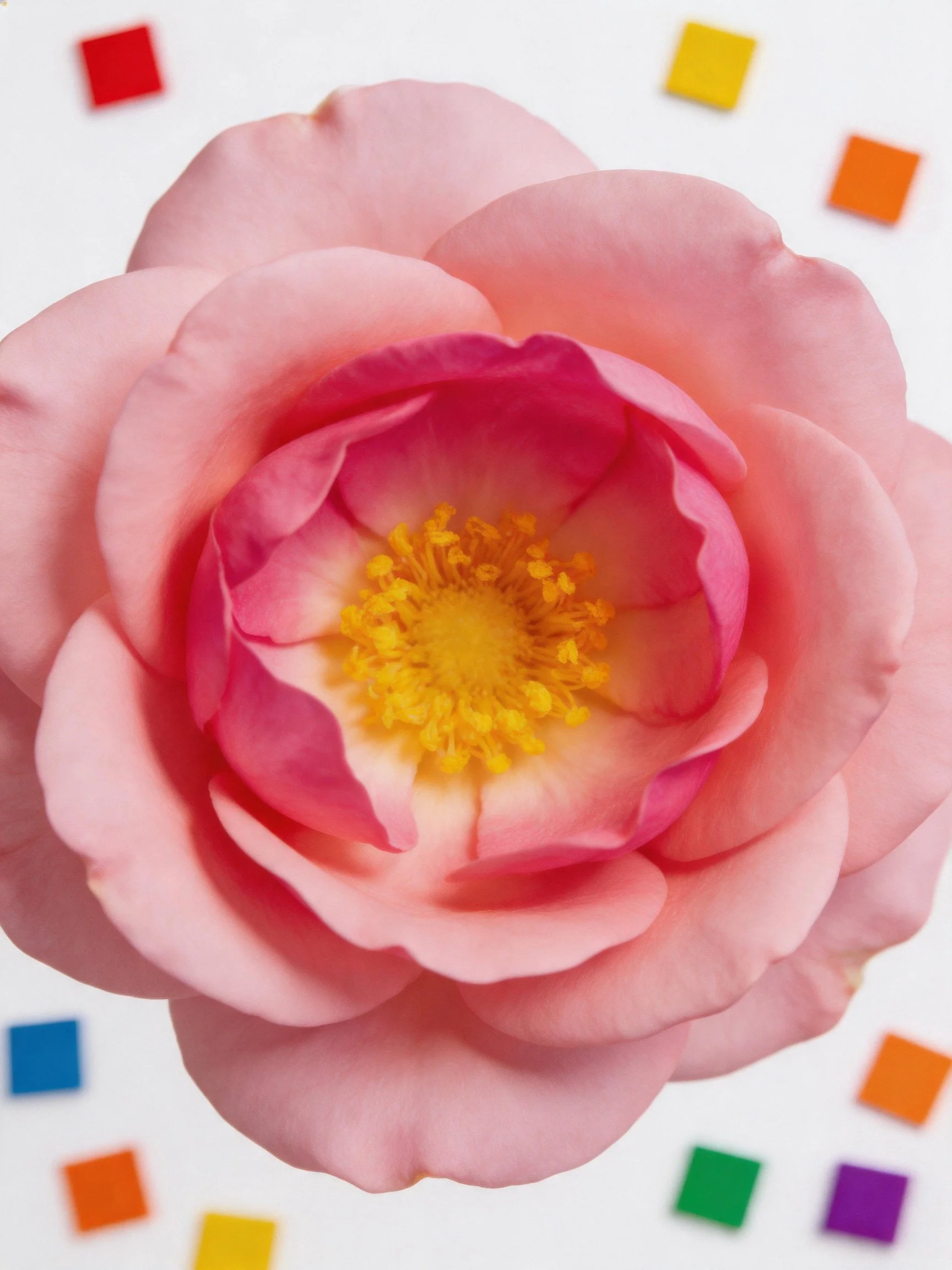 Close-up of a pink rose with colorful square accents