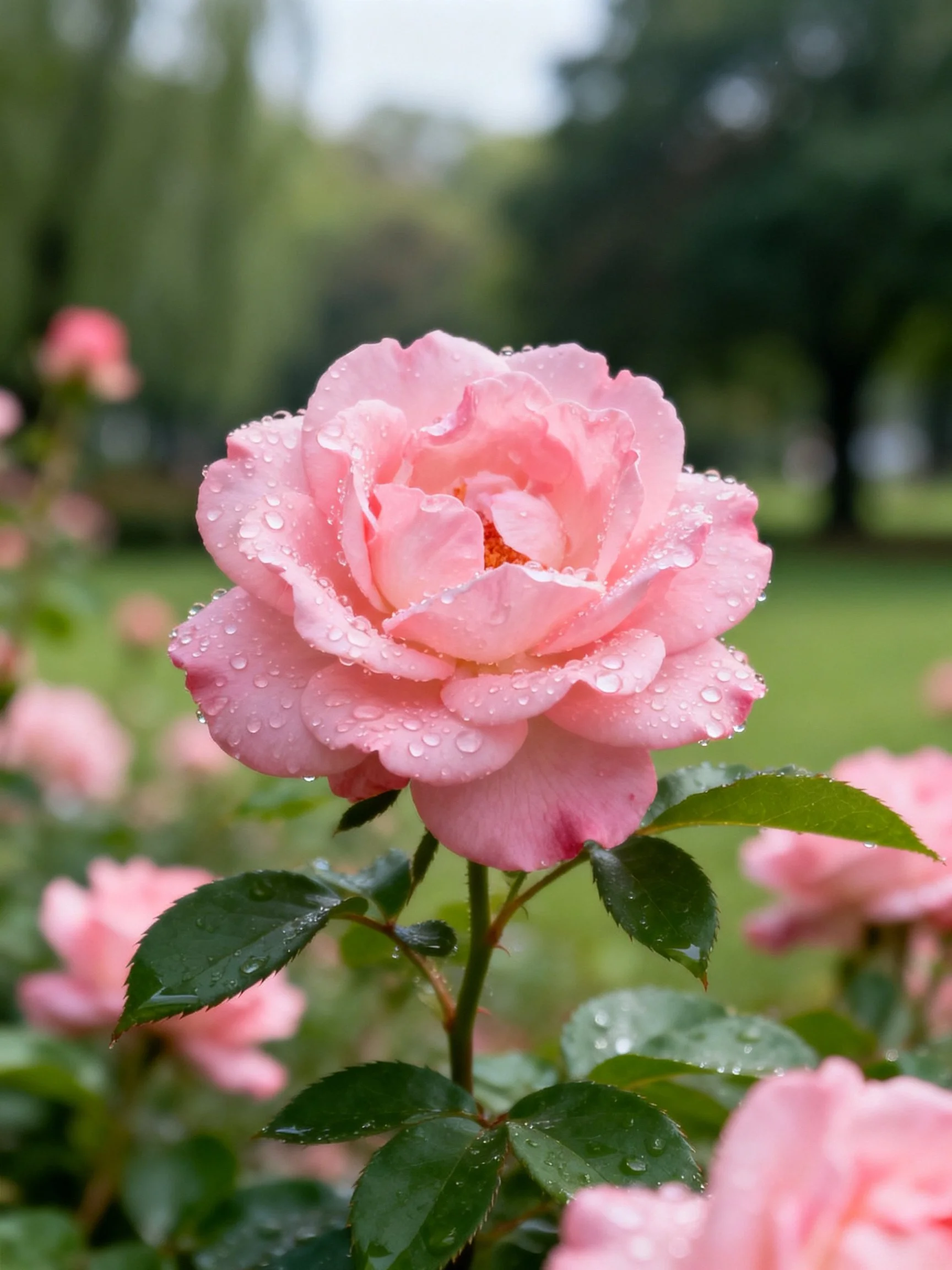 Close-up of a pink rose with water droplets in a garden