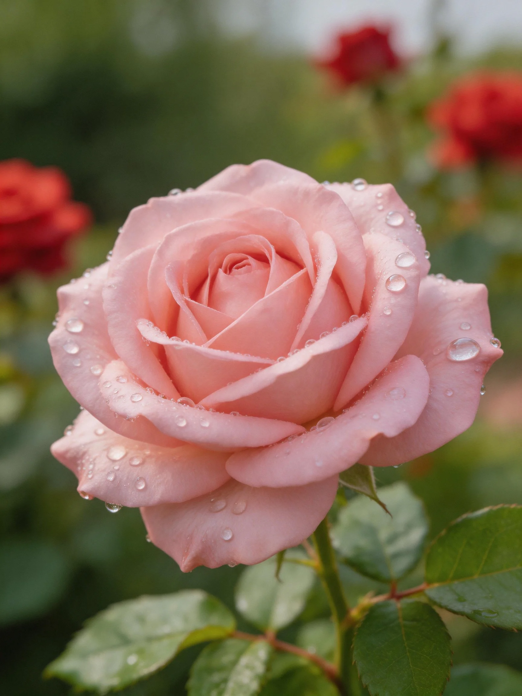 Close - up of a pink rose with water droplets