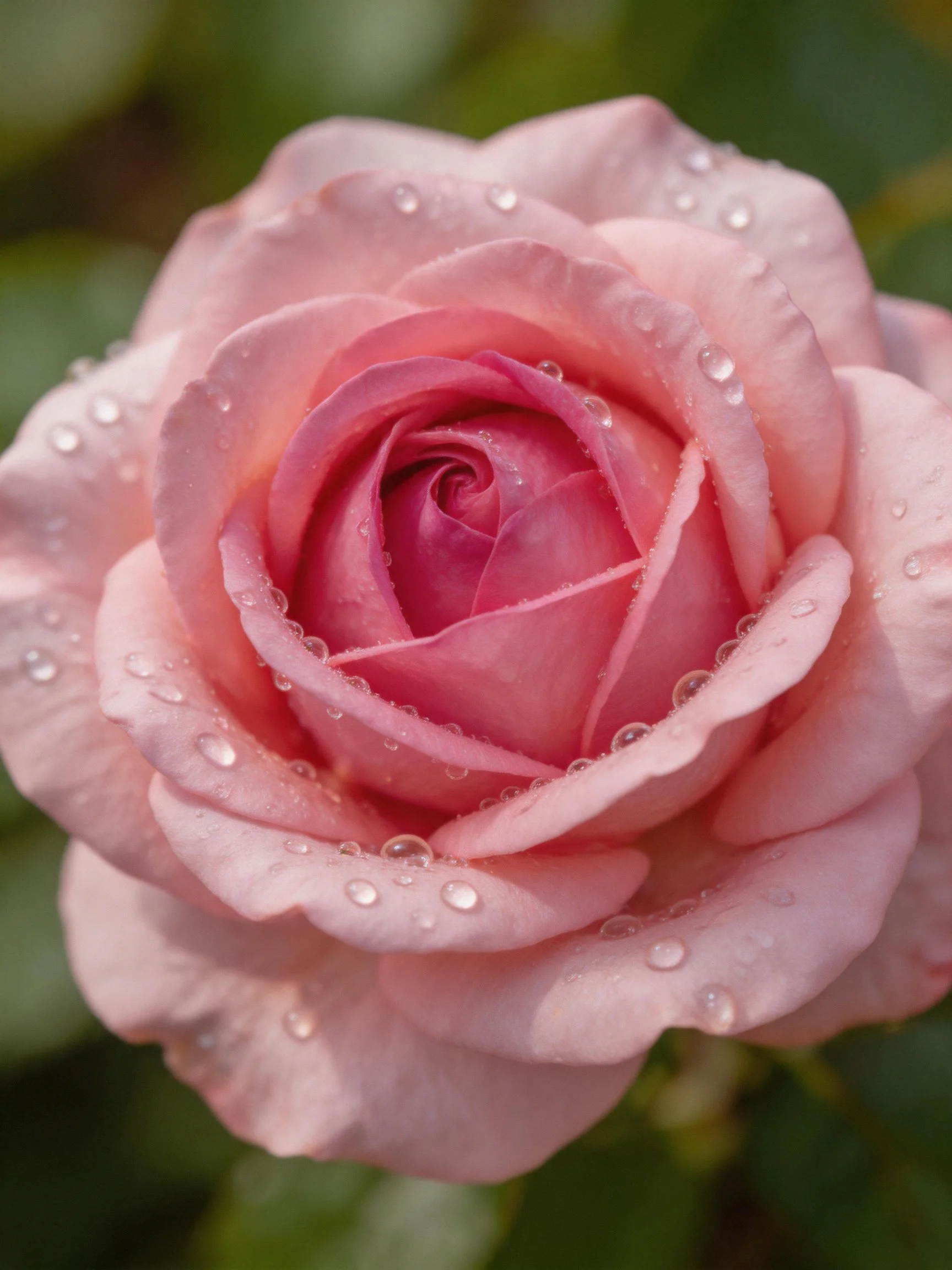 Close - up of a pink rose with water droplets on petals