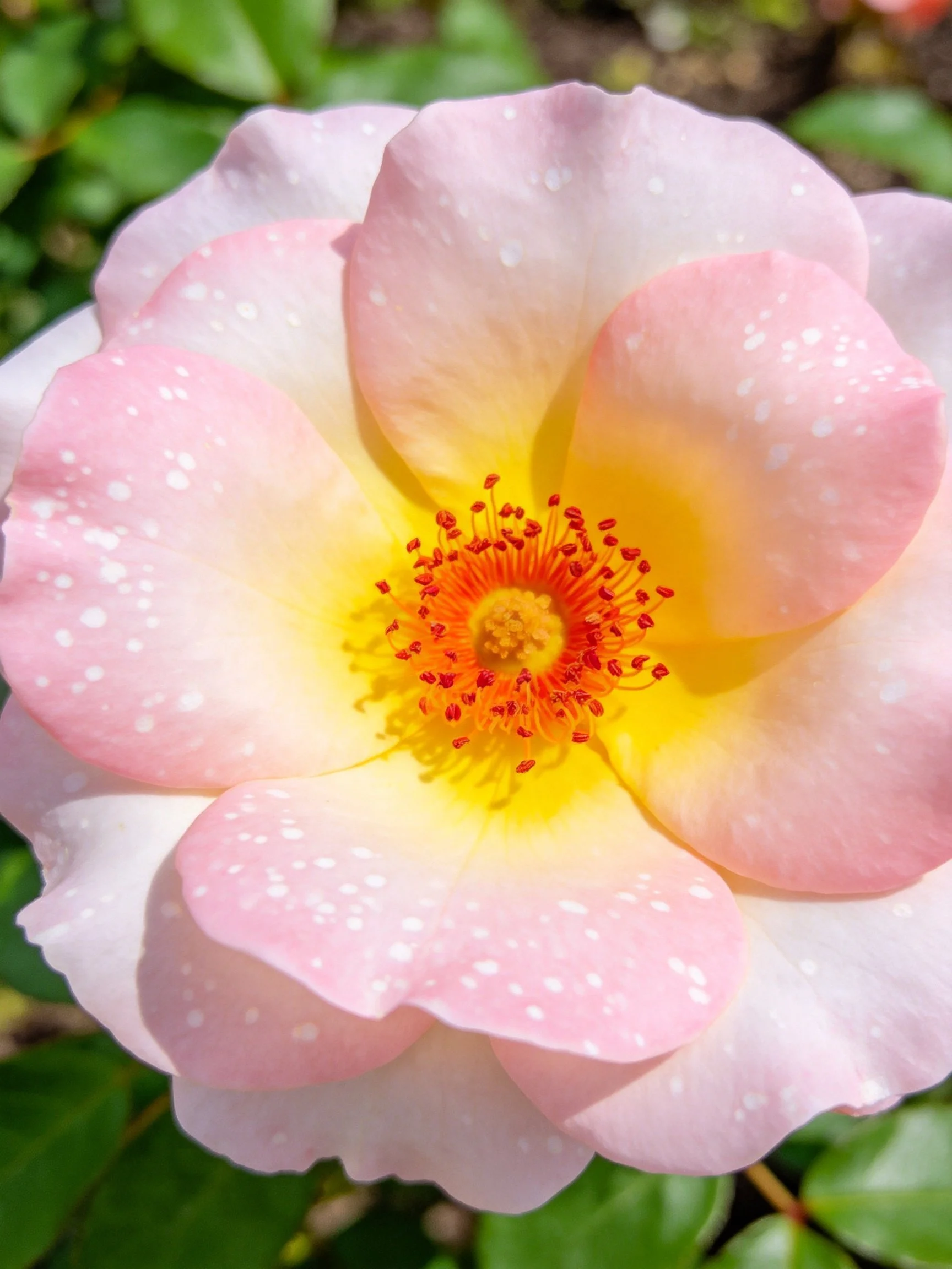 Close-up of a pink rose with yellow center and white speckles