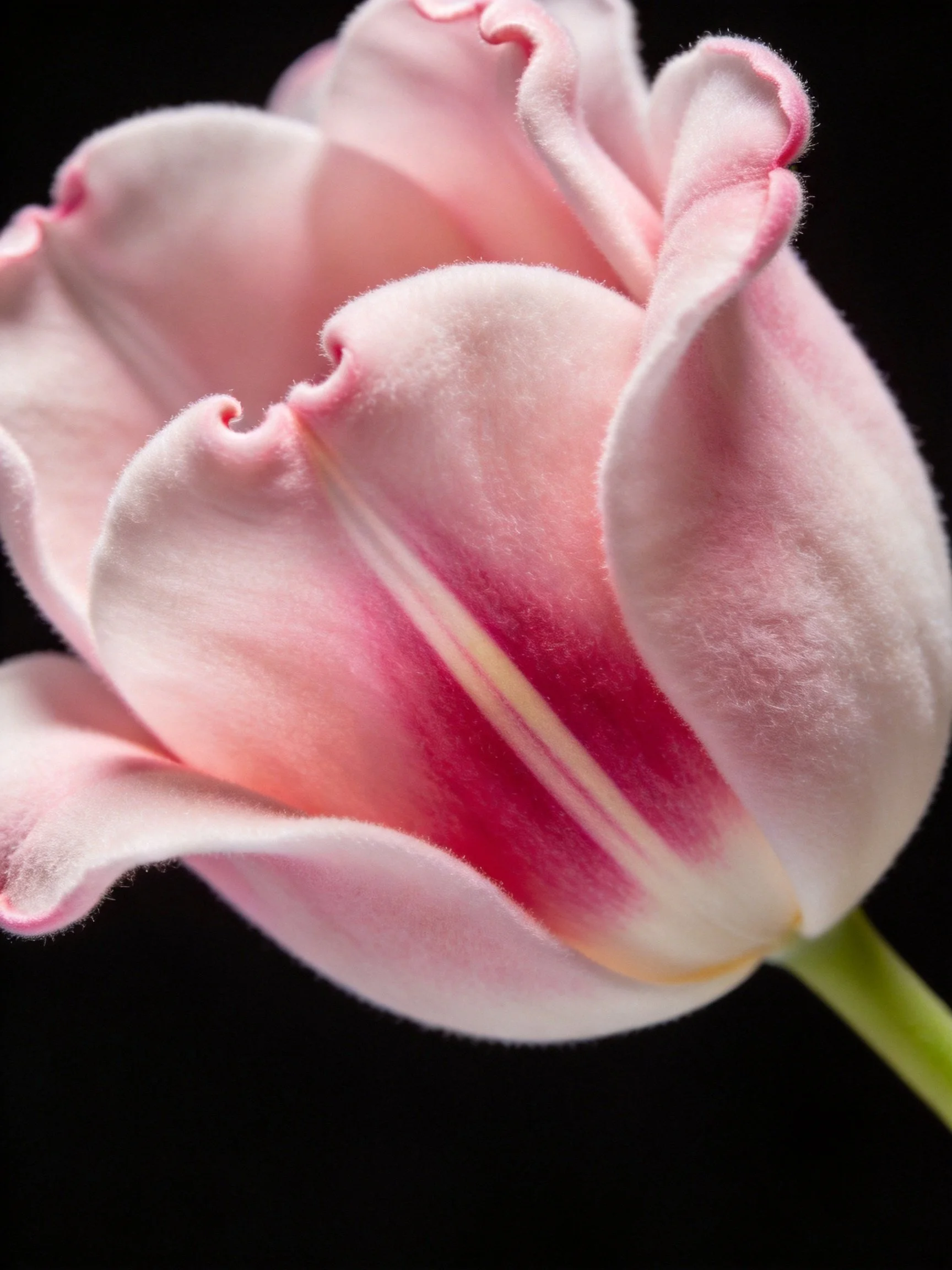 Close - up of a pink tulip with ruffled petals and gradient coloring