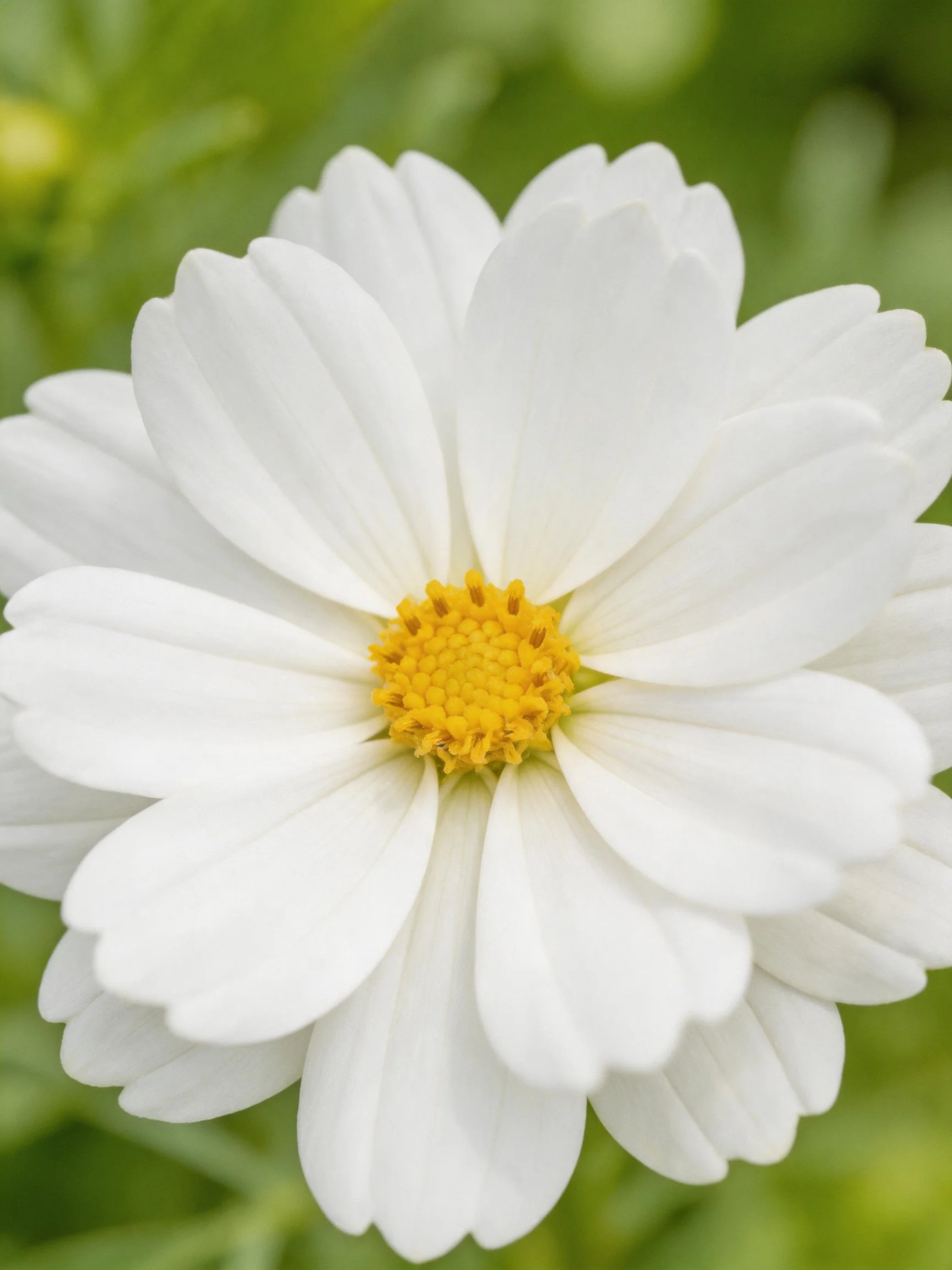 Close - up of a pristine white cosmos flower with bright yellow center
